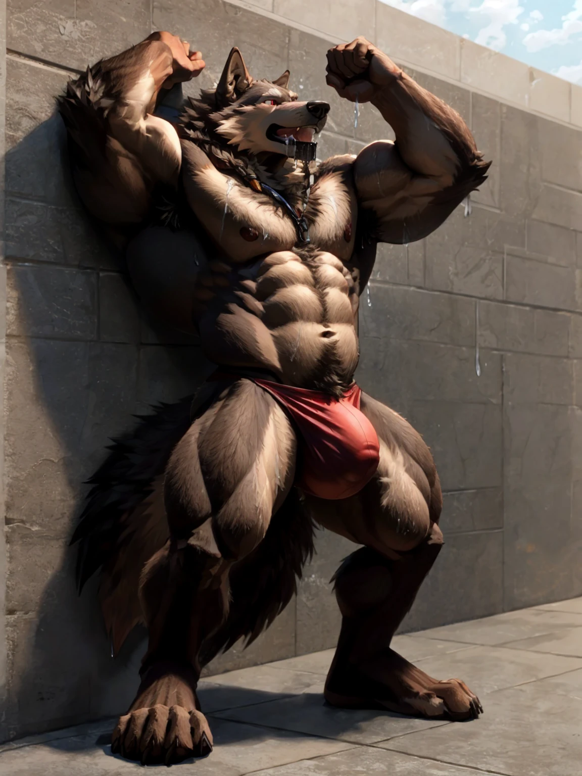 Fluffy brown wolf、Wolf nailed to the wall、Lots of drooling、A lot of water spilling from the mouth、Hugely swollen abdomen as if pregnant、A huge, swollen lower abdomen like a balance ball、Upright pose、Pose of surrender、Wolf tied to wall、Sideways pose、Face facing up、Very distressed face、Hairless head、Sharp toenails、Full body wolf fur、Completely naked、非常に巨大に膨らんだ股間のBrown underwear、Abnormally large groin bulge、Brown underwear、Abnormally large muscles、Ruined Background、Concrete Background、Fluffy, long body hair、Long brown hair all over the body、Ruby-colored eyes、Very long and profuse armpit hair、Very long pubic hair、Navel hair、Wolf's Tail、A composition that captures the whole body、Thick and long tongue