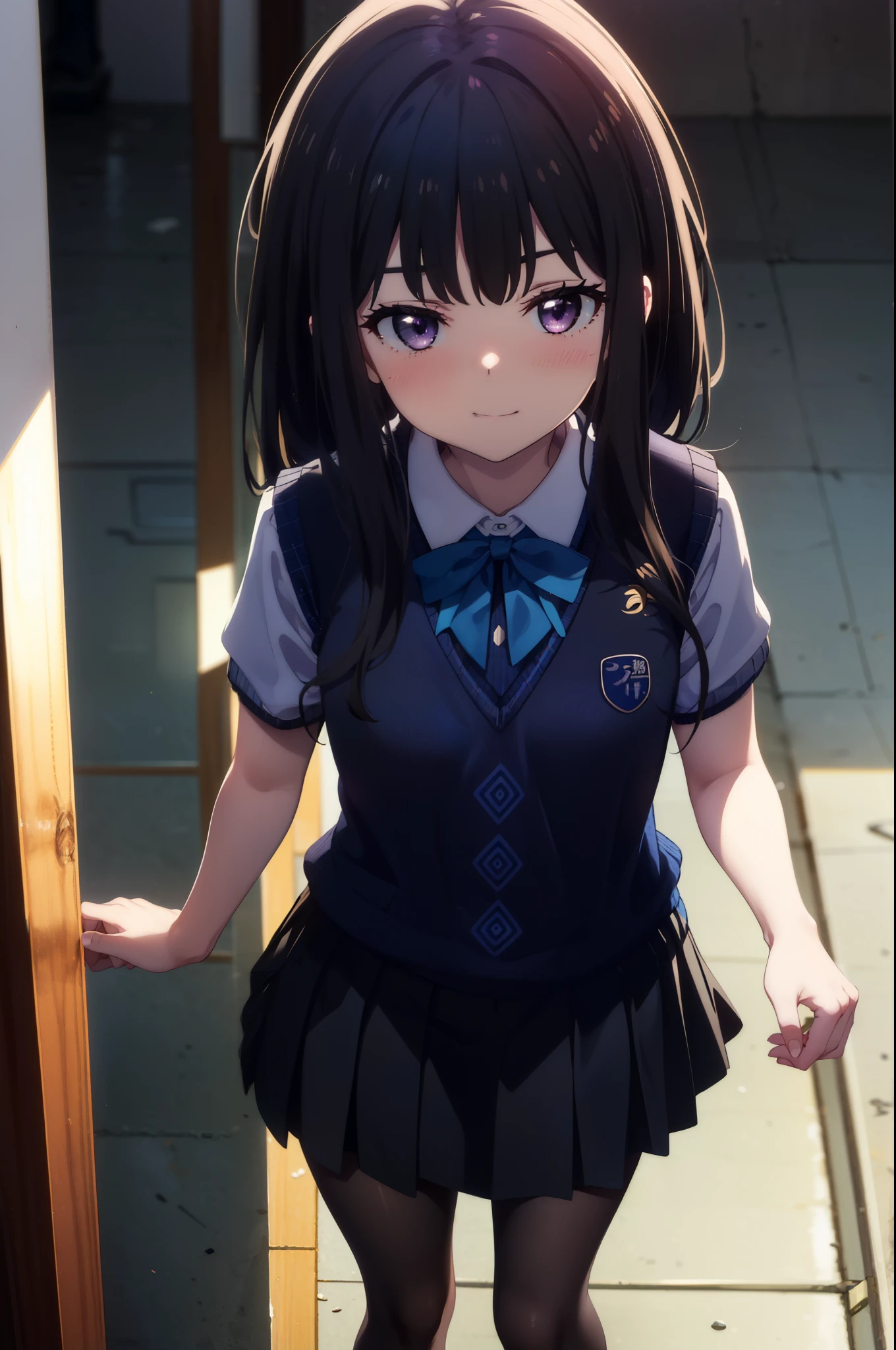 Takiuchi, Inoue Check, Long Hair, bangs, Black Hair, (Purple eyes:1.2),smile,blush,whole body，
white yシャツ, Short sleeve, Pleated skirt,  Collared shirt, mini skirt, Black pantyhose, (Black Skirt:1.5), Sweater vest, (blue Sweater vest:1.5),Brown Loafers,Daytime,sunny,walk，whole bodyがイラストに入るように,Looking down from above,　　　　　　　　　　　　　　　　　　　　　break looking at viewer,whole body, 
break indoors, School　corridor,
break (masterpiece:1.2), highest quality, High resolution, unity 8k wallpaper, (shape:0.8), (Beautiful details:1.6), Highly detailed face, Perfect lighting, Highly detailed CG, (Perfect hands, Perfect Anatomy),
