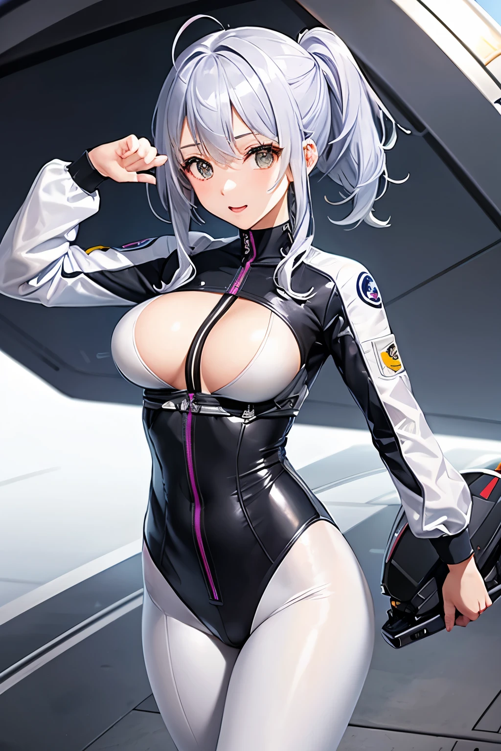 (((highest quality、first-clasasterpiece、Normal body、8k、Detailed face、Ultra-precision、Normal hand、Normal finger、5Finger、)))Brightly colored hair、Silver Hair、Tight pilot suit、Thin pilot suit、See-through pilot suit、Change of clothes、Starts taking off pilot suit、Unzip the front of the pilot suit、Showing off、White pants、White bra、Change of clothesを見せつける、Showing off her bra