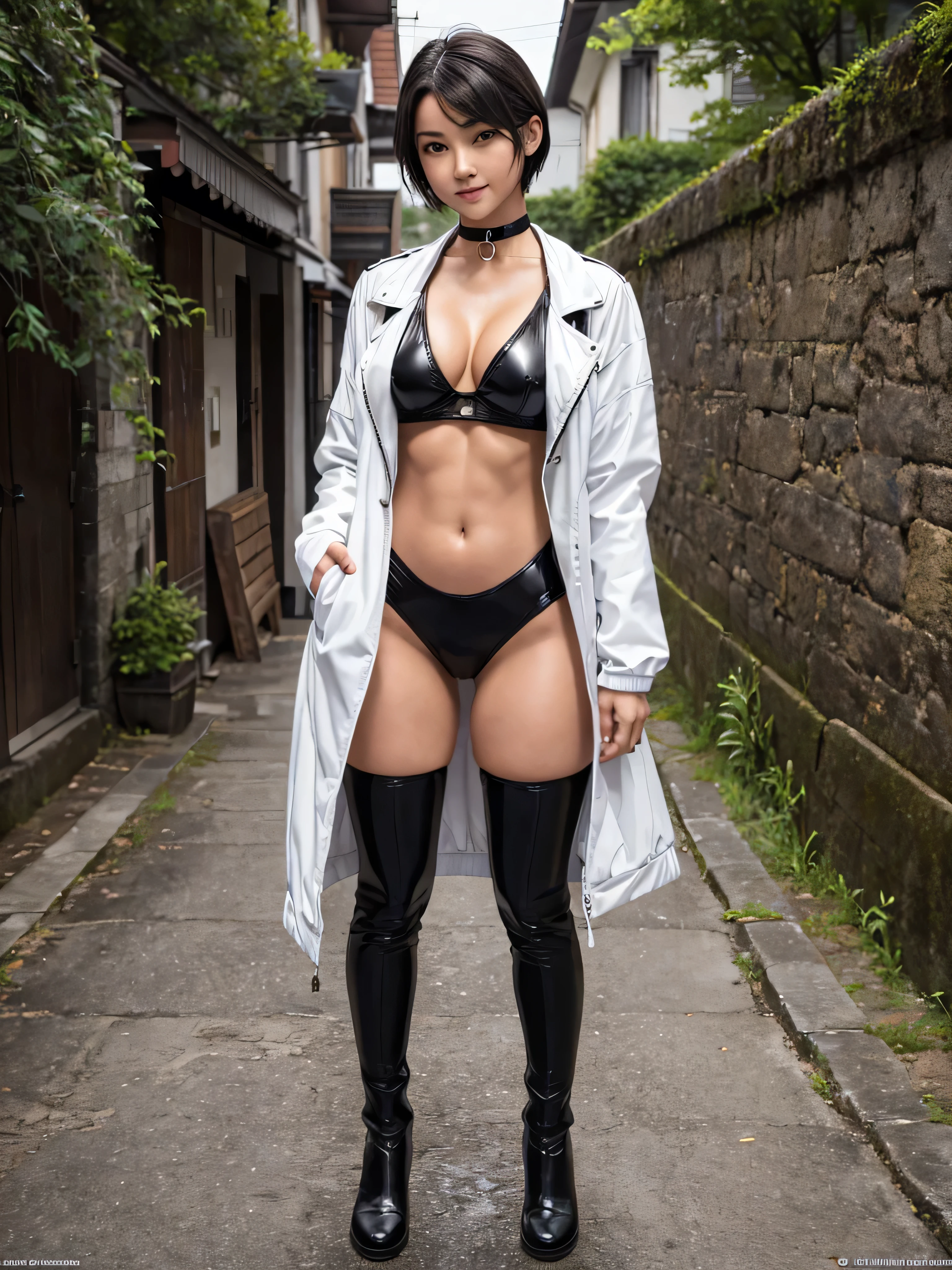 short hair, (masterpiece、highest quality、Official Art), Beautiful face and dark eyes, Look down, Looking at the audience:1.5, Big smile, Wet Hair, Small Top, White jacket, (Black bondage suit:1.2), Long white boots, Black collar, Black choker, Glowing Skin, Standing with your legs apart, Spread your legs wide, Realistic:1.9, Very detailed, Full Body Shot:1.2, Super Heroine, High-resolution RAW color photos, High Detail, Ultimately realistic details, Ultimately realistic texture, Ultimate in exquisite detail, Professional photos, Sexy portrait of a girl, Voluptuous bust, Narrow waist, Cleavage, Trained abdominal muscles, Big Ass, Complete the whole body, Full body image, No underwear, highest quality, ((background:In town:1.4)), Suzune, Suzune's clothes