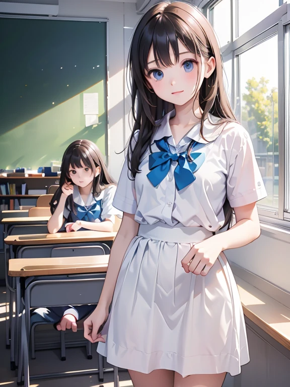 masterpiece, highest quality, Very detailed, 16k, Ultra-high resolution, Wide-angle shot, , Group of girls in class, Detailed face, Perfect Fingers, , classroom, Chatting with a friend