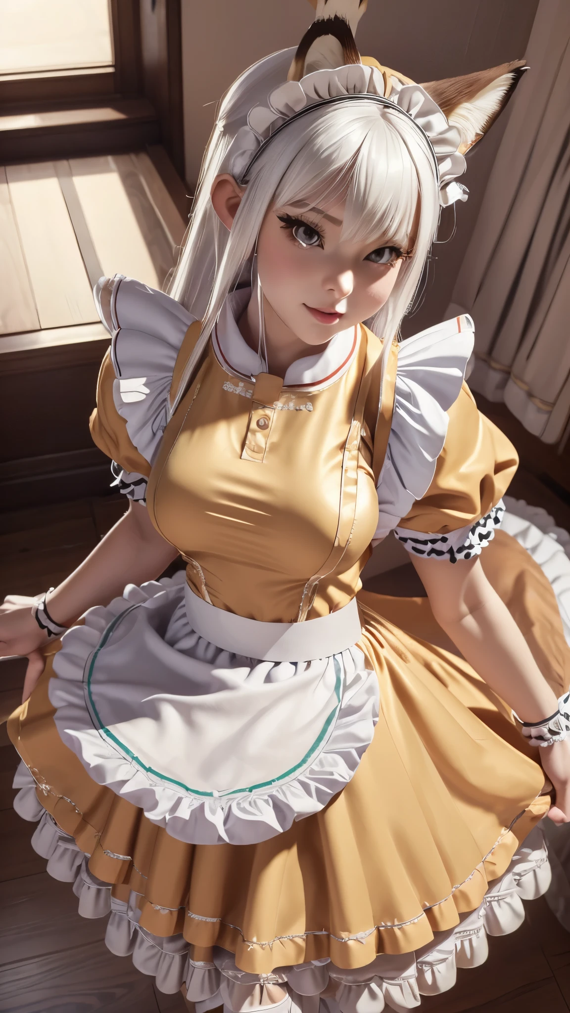 1girl, ebenya, looking at viewer, white hair, fox, foxgirl, kumiho, fox ears, fox tail, open clothes, (maid, maid uniform:1.5), thin body, flat chest, sensual pose, royal country house, tsar house, ba-shiroko, comics, fantasia, sfw, marvel e DC