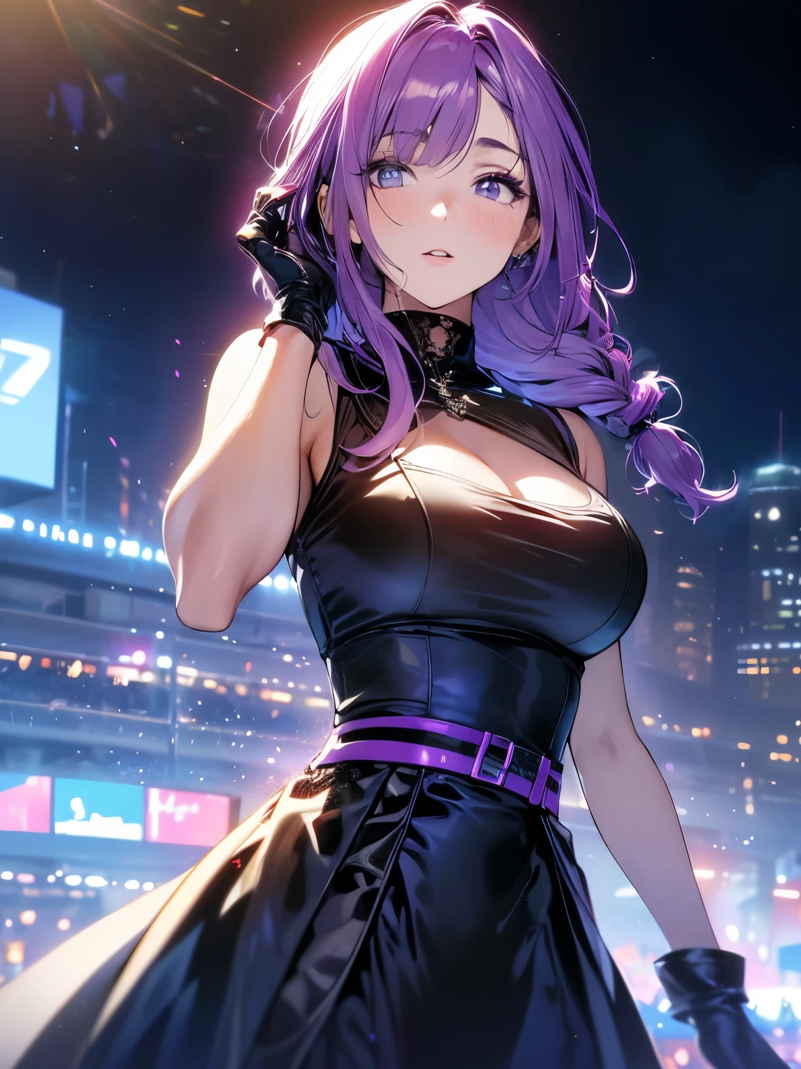 (best quality,4k,8k,highres,masterpiece:1.2),ultra-detailed, HDR,UHD,studio lighting,ultra-fine painting,sharp focus,physically-based rendering,extreme detail description,professional,vivid colors,bokeh, portraits, cyberpunk, futuristic, girl, long braided hair, purple highlight, purple eyes, sleeveless dress, white glove, black dress