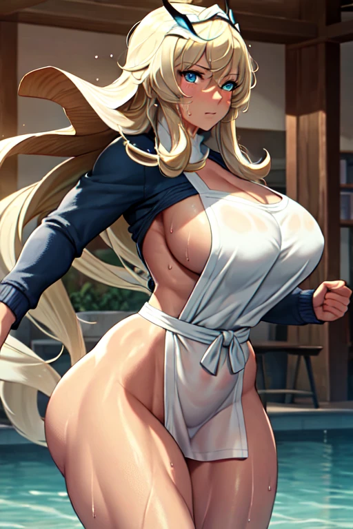 ,(masterpiece:1.5),(best quality:1.5),(high resolution:1.5),(8k:1.5),(Ultra HD:1.5),(perfect face:1.5),(beautiful detailed eyes:1.5),(Cowboy Shot:1.5) ,(extremely detailed face:1.5),(perfect lighting:1.5),(extremely detailed CG:1.5), (perfect hands:1.5),(perfect anatomy:1.5),,(perfect body:1.5),(perfect hands:1.5),(perfect fingers:1.5),(full body:1.5),(fighter:1.4),(1woman:1.3),(megami magazine:1.23),pale skin,(blonde long hair:1.2),(drunken cool face:1.1),(green eyes:1.3),(large breasts:1.3),(large ass:1.2),,(sexy look pose:1.5),( white nakedapron:1.3), (:1.3),,(cameltoe:1.3),,(wet:1.2),(sweat:1.2),(looking at viewer:1.3),(face and body forward:1.3),(clothed:1.3),