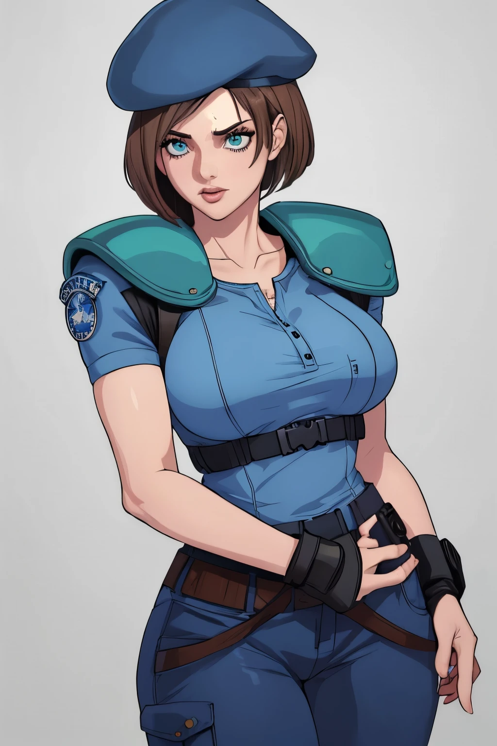Jill Valentine, masterpiece, best quality, 1girl, solo, standing, jillre1, beret, uniform, shoulder pads, short sleeves, harness, belt, pants, unmoving pattern, peitos grandes, bunda grande, ela esta mostrando a lateral, pernas abertas, bunda grande, decote, peitos grandes