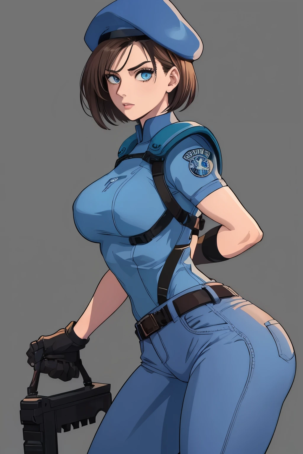 Jill Valentine, masterpiece, best quality, 1girl, solo, standing, jillre1, beret, uniform, shoulder pads, short sleeves, harness, belt, pants, unmoving pattern, peitos grandes, bunda grande, ela esta mostrando a lateral, pernas abertas, bunda grande, decote, peitos grandes 