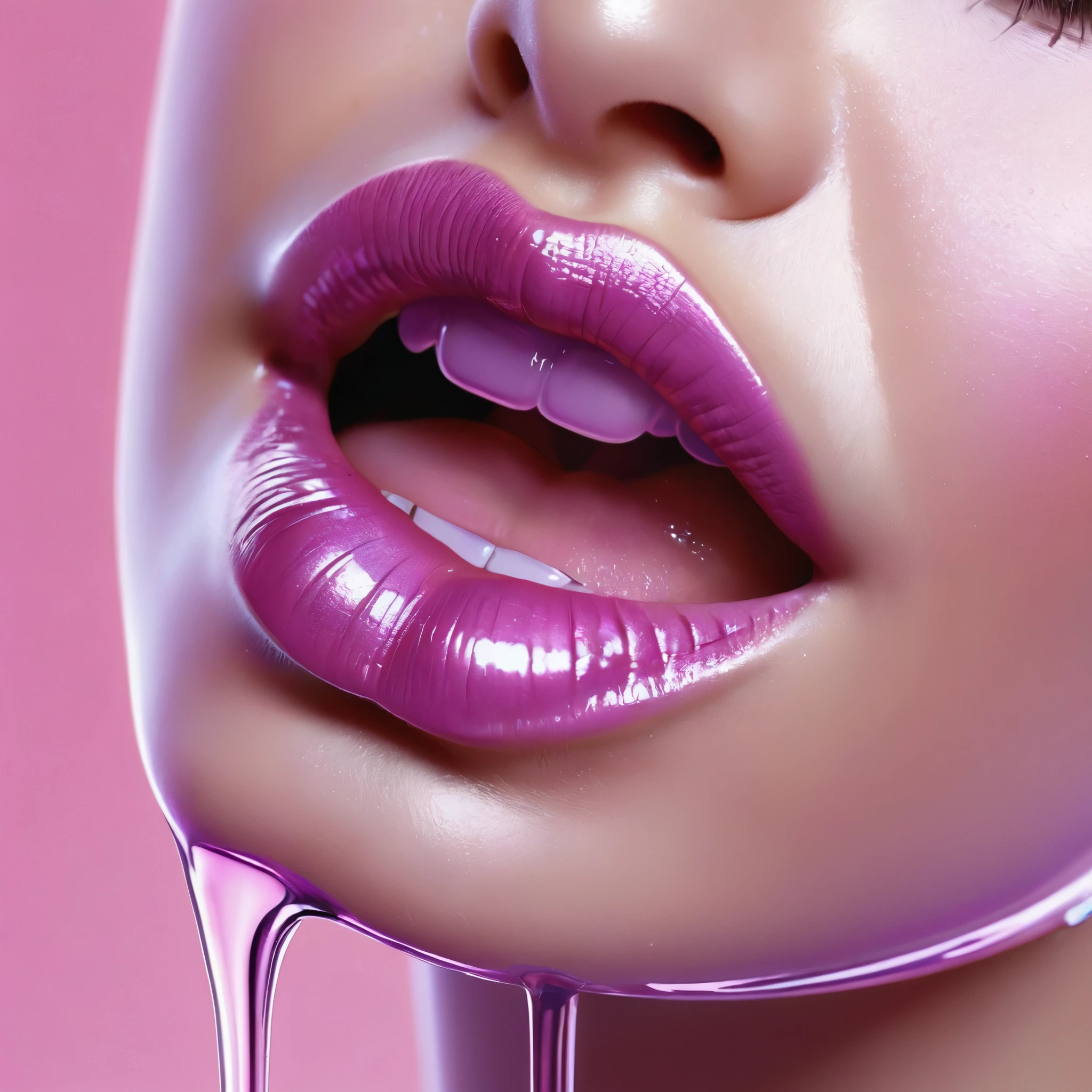 lips floating on top of a pink liquid surface, wet lips, glossy lips, glossy digital painting, sexy lips, luscious lips, beautiful lips, glossy and drippy, pink lips, lipgloss, glossy, in a light purple and pink style, inspired by Yanjun Cheng, full glossy lips, thick lips, made of liquid purple metal, glossy surface, smooth 3d illustration