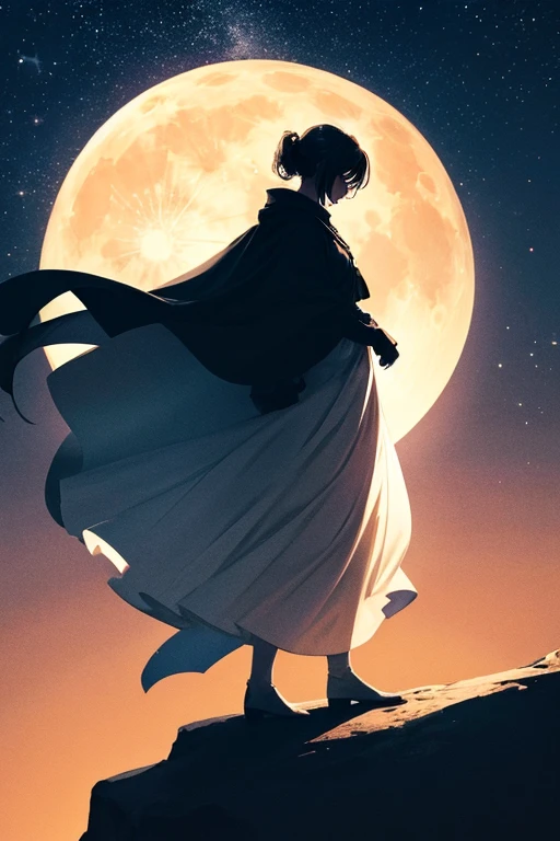highest quality,Big moon and shadow,A silhouette of a person can be seen against the backdrop of a large moon.,There is one full moon,There is a mood,Beautiful scenery,Starry Sky