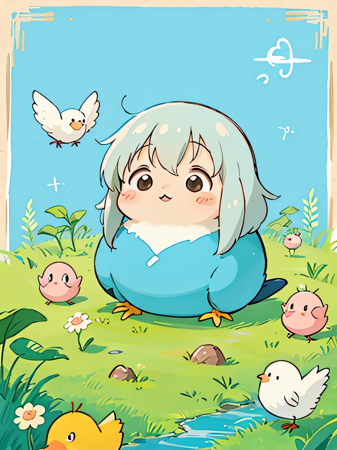 hayao miyazaki style, Kawaii Design, The most beautiful girl of all time、Chibi, Cute little birds、play together、Song of the cute Bird