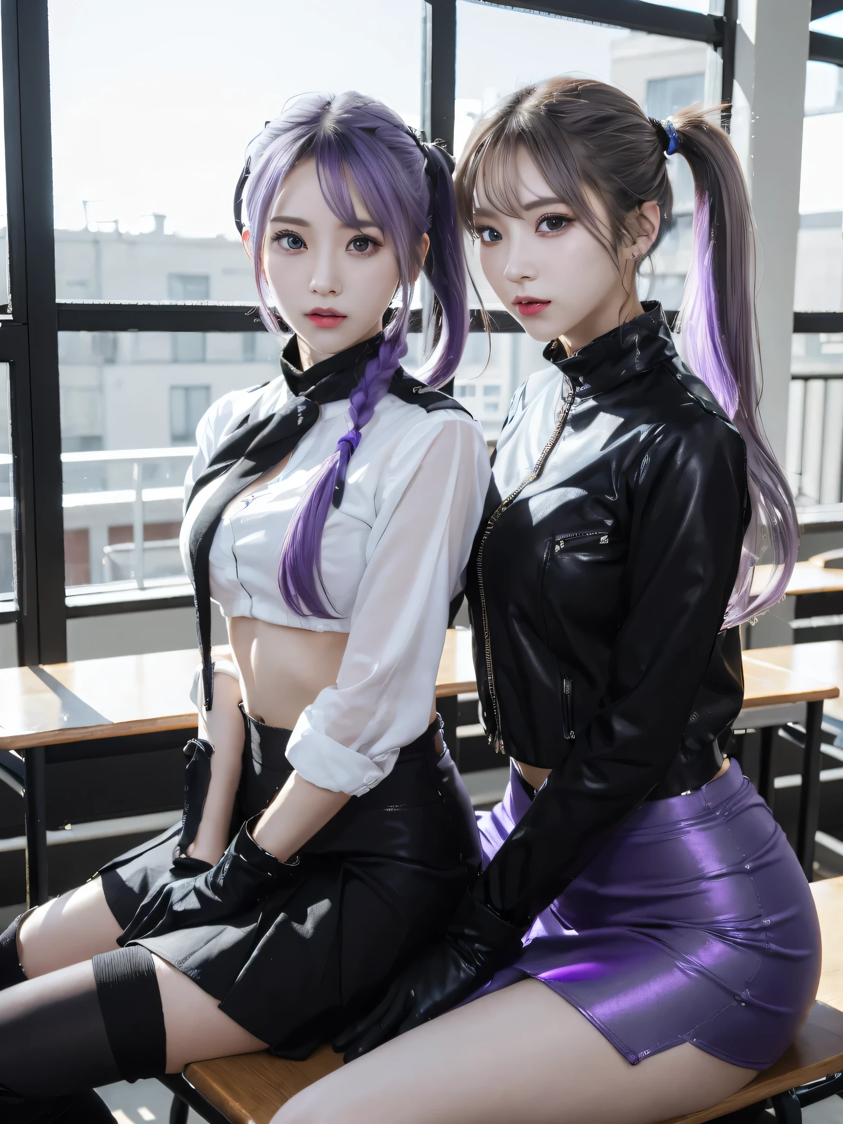((female couple: 1.3)), Masterpiece, Top Quality, Ultra HD, Colorful, Flat Color, Depth of Field, Lens Flare 1 Girl, Sitting, Black Hair, Viewer, School, Classroom, Pleated Miniskirt, Undressing, Seravuku, Black Pantyhose, Fine Touches, Detailed fabric texture, beautiful face in every detail, 30-year-old beauty, adult atmosphere, exposure, (KPOP idol), (long twintails), (light purple hair): 1), ((big eyes)), staring, BREAK ((Upper body: 1.3)), Front view, long flowing silver hair, slender physique, black and white costume, character wearing thigh-high boots and gloves.