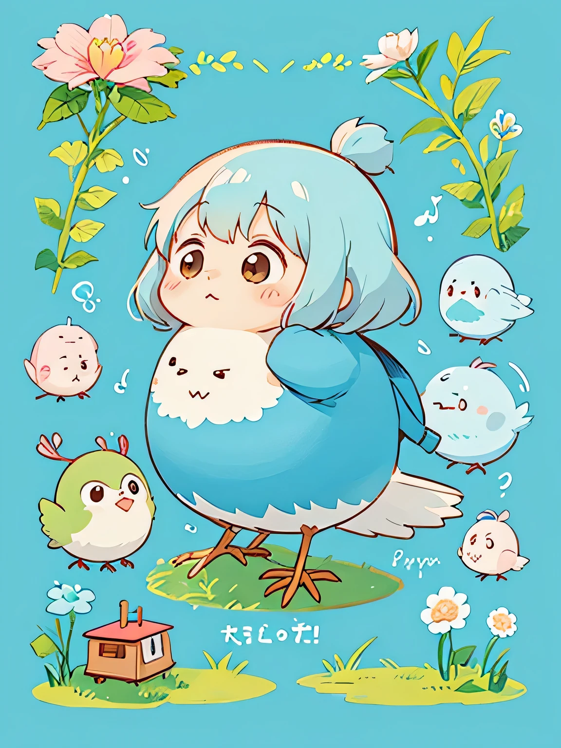 hayao miyazaki style, Kawaii Design, The most beautiful girl of all time、Chibi, Cute little birds、play together、Song of the cute Bird