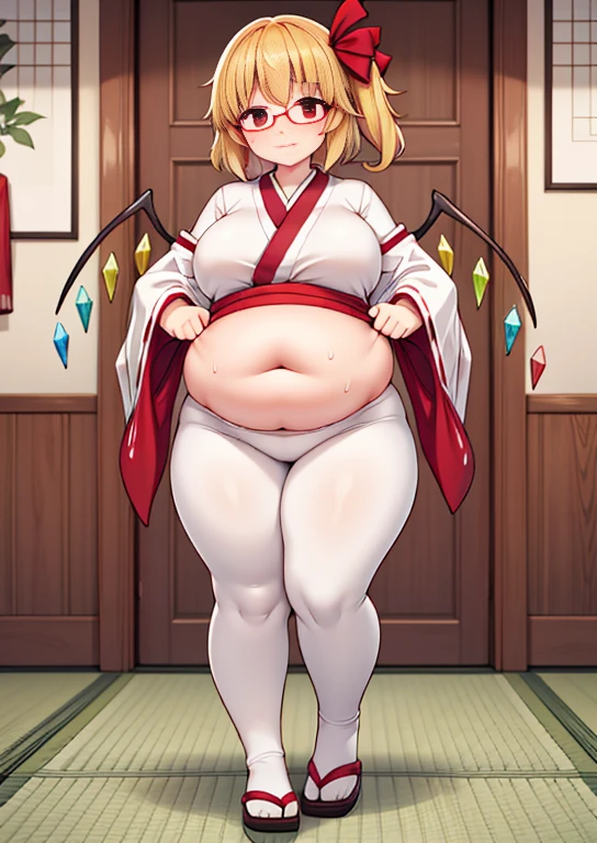 (masterpiece, best quality, highly detailed), 1girls, big belly, huge belly, art by kipteitei, round belly, chubby, curvy, belly grab, enormous belly, fat belly, thicc, bigger belly, really big belly, jiggly belly, glasses, japanese clothes, ((sweating)), very tight breasts, ((full body)), grown up, flandre scarlet