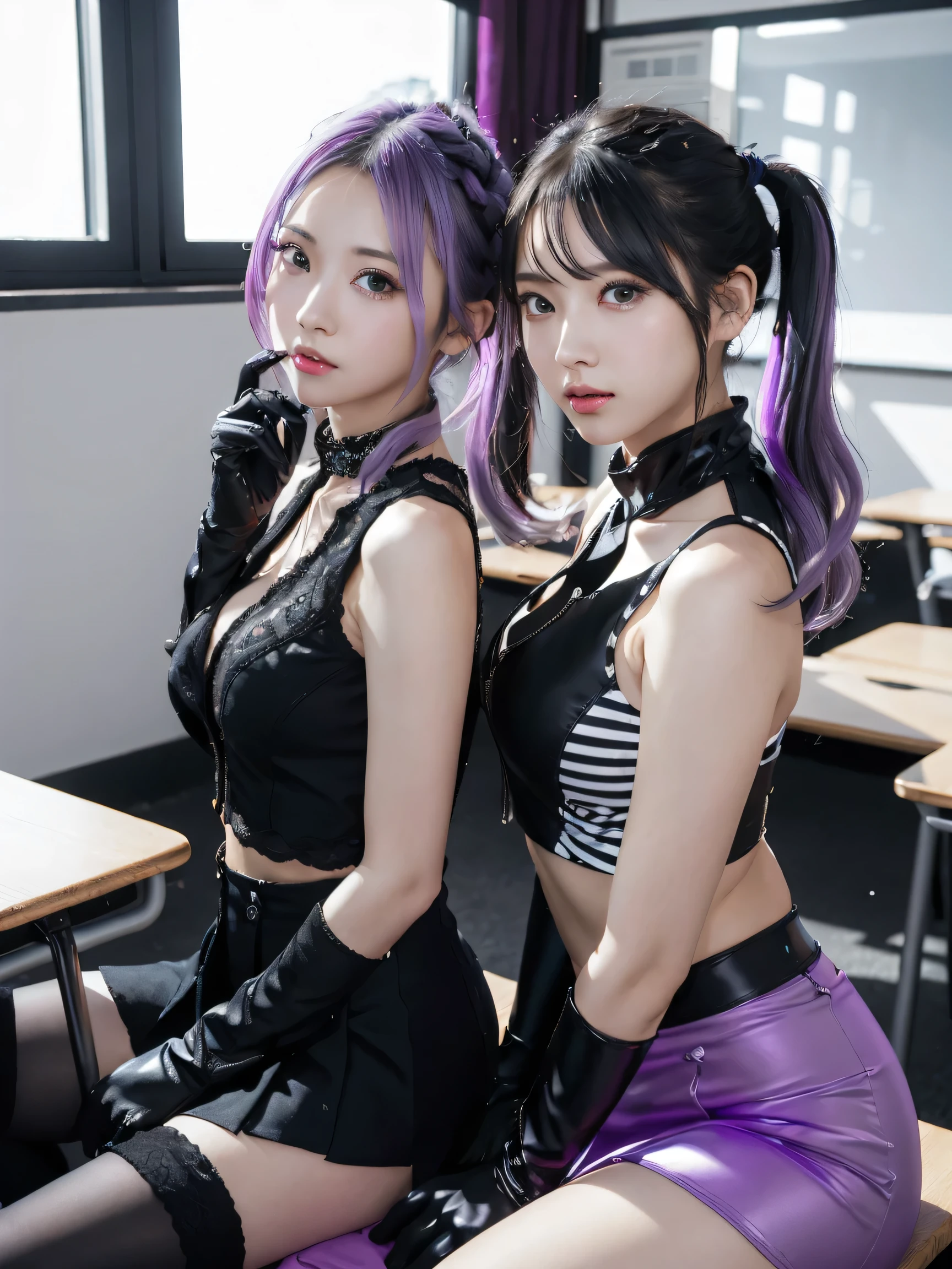((female couple: 1.3)), Masterpiece, Top Quality, Ultra HD, Colorful, Flat Color, Depth of Field, Lens Flare 1 Girl, Sitting, Black Hair, Viewer, School, Classroom, Pleated Miniskirt, Undressing, Seravuku, Black Pantyhose, Fine Touches, Detailed fabric texture, beautiful face in every detail, 30-year-old beauty, adult atmosphere, exposure, (KPOP idol), (long twintails), (light purple hair): 1), ((big eyes)), staring, BREAK ((Upper body: 1.3)), Front view, long flowing silver hair, slender physique, black and white costume, character wearing thigh-high boots and gloves.