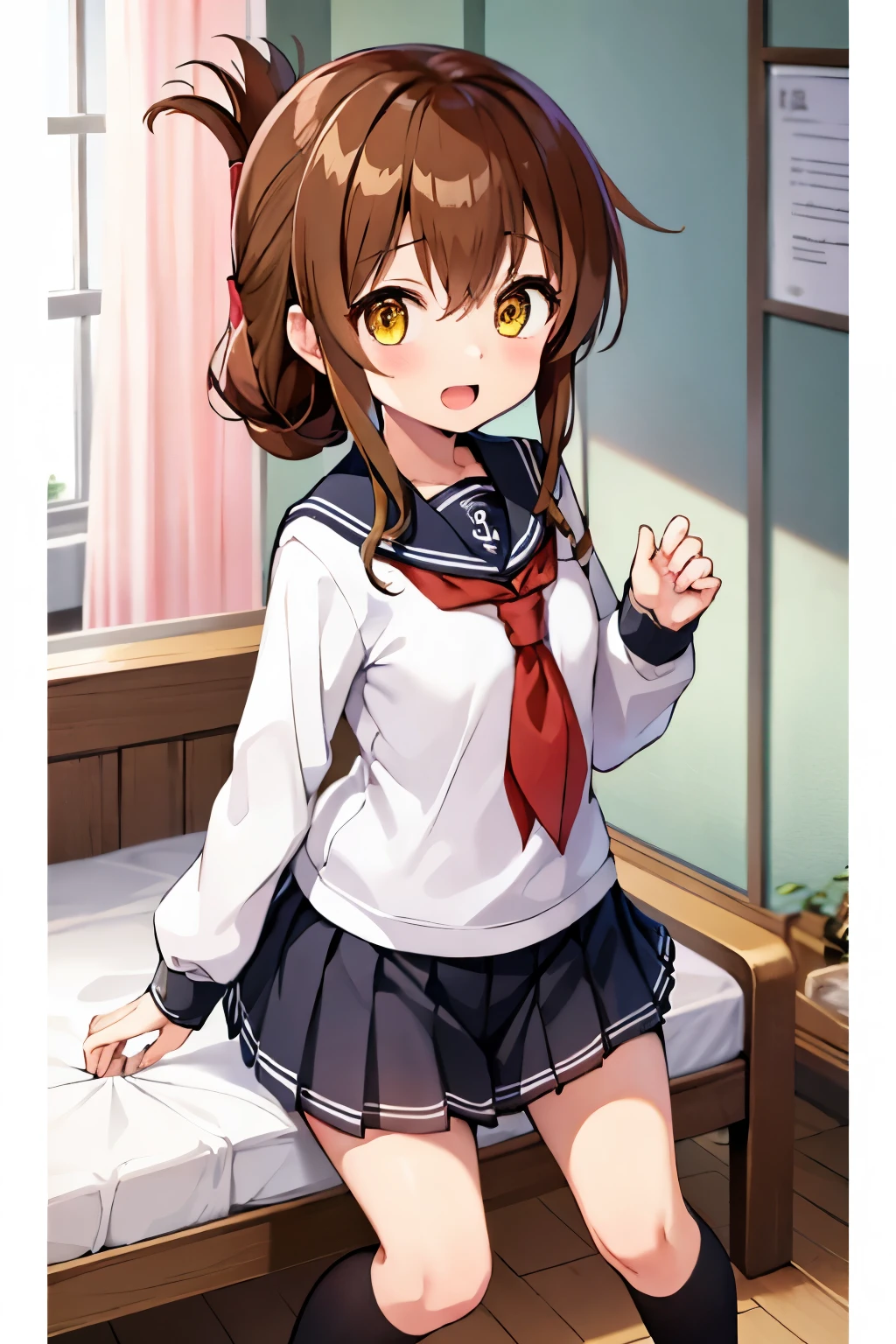 long hair, looking at viewer, blush, smile, open mouth, multiple girls, skirt, brown hair, shirt, long sleeves, 2girls, hair between eyes, brown eyes, , yellow eyes, white shirt, pleated skirt, serafuku, socks, indoors, black skirt, sailor collar, neckerchief, pillow, kneehighs, window, curtains, black socks, carrying, red neckerchief, black sailor collar, folded ponytail, anchor symbol, princess carry, inazuma \(kancolle\),