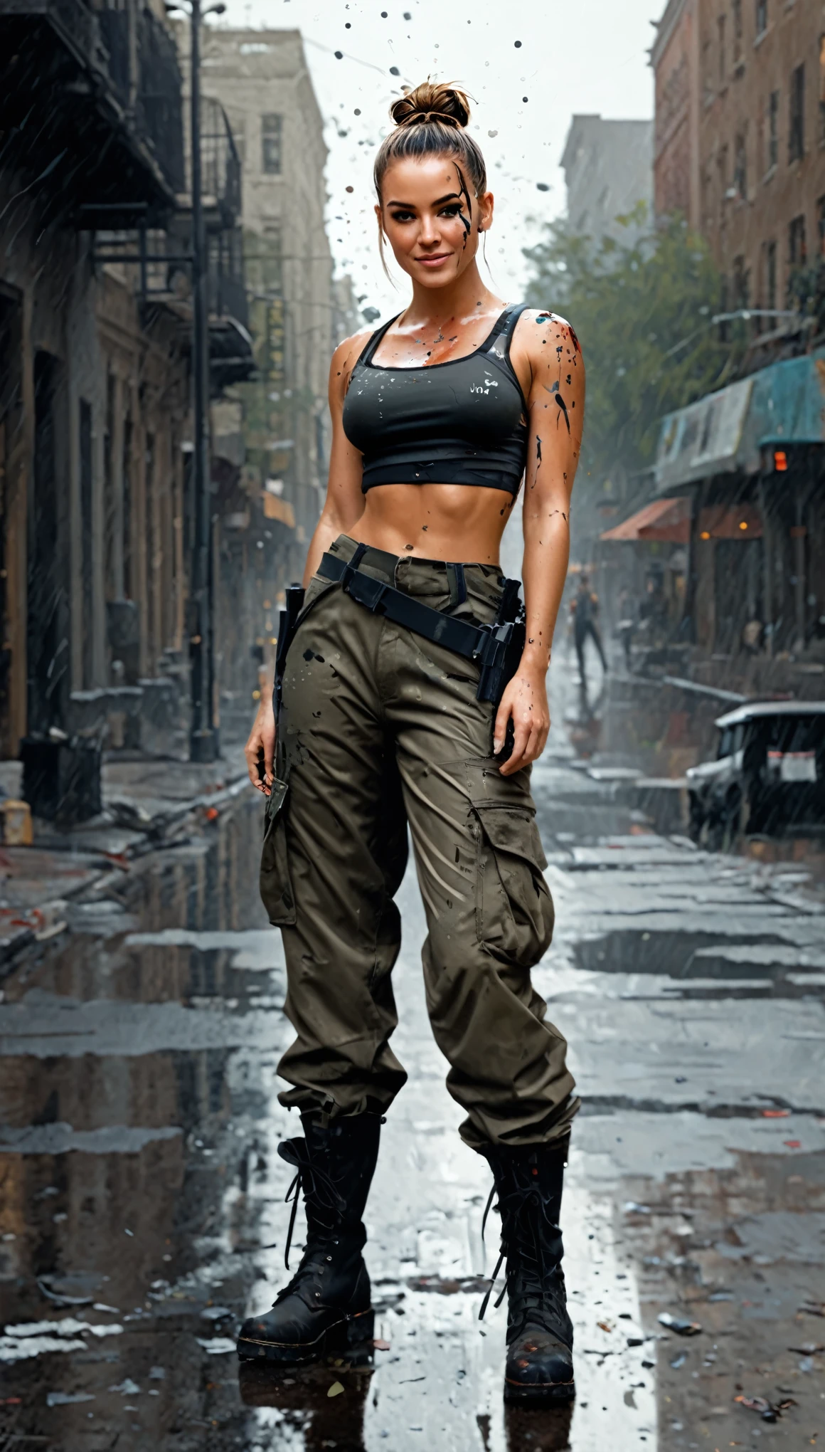 samdoesarts; award winning half body portrait of a beautiful woman in a croptop and cargo pants, military boots, standing on the street faint smile, paint splashes, hair in a bun, splatter, outrun, vaporware, digital art, trending on artstation, highly detailed, fine detail, intricate by Jeremy Mann, matth�us merian the elder, Pino Daeni, robert rauschenber, by beksinski