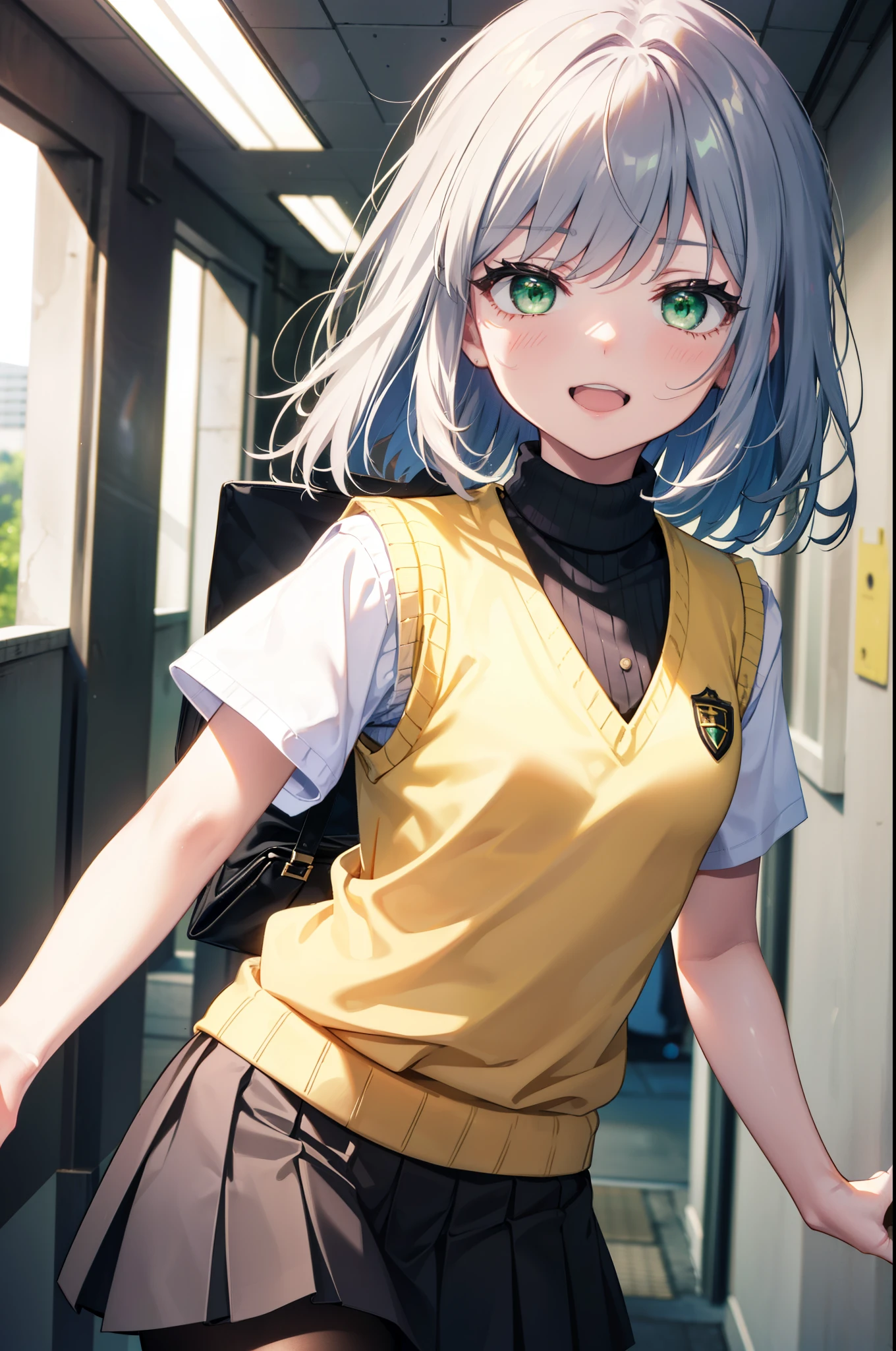 index, index, (Green Eyes:1.5), Silver Hair, Long Hair, (Flat Chest:1.2),teeth,happy smile, smile, Open your mouth, Place your chin on your hand,　　　　　　
white yシャツ, Short sleeve, Pleated skirt, Black Pantyhose, (Black Skirt:1.5), Sweater vest, (yellow Sweater vest:1.5),Brown Loafers,corridorを歩いている,Daytime,sunny,whole bodyがイラストに入るように,
break looking at viewer, whole body,
break indoors, School　corridor,crowd, people々々々々,
break (masterpiece:1.2), highest quality, High resolution, unity 8k wallpaper, (shape:0.8), (Beautiful details:1.6), Highly detailed face, Perfect lighting, Highly detailed CG, (Perfect hands, Perfect Anatomy),