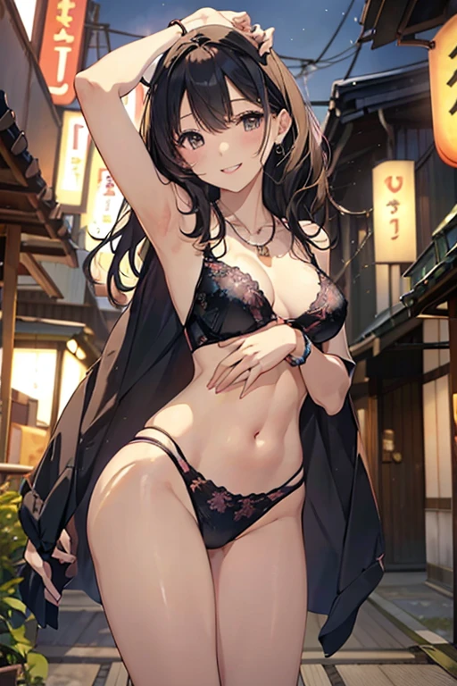 (from below:1.2),(from side:0.9), ((Face)), (Close-Up:0.4), (RAW photo:1.2), delicate and beautiful, wonderful, Fine detail, official art, huge file size, Ultra-detailed, very detailed girl, very detailed eyes and face, Bright on the face、Photorealistic perfect body、Ultra-high image quality、Ultra-high realistic image quality,(with sparkling eyes and a contagious smile),(her thin pubic hair:1.4),(Japan Gal:1.3)、(age face:0.8)、(cute black see-through nightgown)、(twin)、(medium-breasted:1.2)、(cleavage of the breast:1.0)、(Gravure Pose:1.4)、(Cowboy Shot、Thigh up:1.0)、Waist slender、(bangss)、(platina bronde hair color:1.1)、(voluminous curly hair:0.3)、(long hair:1.2)、(good lighting)、A smile、Gal Style Makeup、Gal style earrings、Gal style bracelet、(Gal style long necklace)、shopping street,happy smile, smiling,((Very happy smile))、Show shoulders、Complex patterns and transparent materials、Artistic depiction of seductive women, Emphasizes her charming silhouette,famous cafe background in italian,looking at viewer,