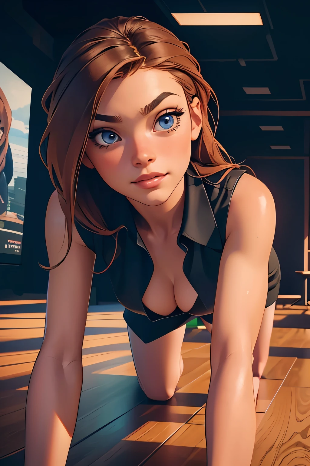 1girl, On all fours pose, on a big boardroom table, crawling towards the viewer, (masterpiece), (best quality), Kim Possible, at work, in the office, a sexy modern office, wearing sexy office attire, pencil skirt, tight unbuttoned blouse, hot, horny, aroused, blushing, ((detailed)), ((best quality)), ((masterpiece)), extremely detailed CG unity 8k wallpaper, 32k, focus sharp, photo of perfecteyes eyes, perfecteyes eyes, Masterpiece, raw, beautiful art, professional artist, 8k, very detailed face, very detailed hair, perfectly drawn body, beautiful face, very detailed eyes, smiling, rosey cheeks, intricate details in eyes, perfect fit body, beautiful body, extremely detailed, intricate details, highly detailed, sharp focus, detailed skin, realistic skin texture, texture, detailed eyes, high resolution, kodak vision color, foto_\(ultra\), post-processing, maximum detail, roughness, real life, ultra realistic, photorealism, photography, absurdres, RAW photo, highest quality, high detail RAW color photo, professional photo, extremely detailed UHD 8k wallpaper unit, best quality, highres, (masterpiece, top quality, high resolution:1.4), photo, cinematic, film grain, sharp, soft natural light, magic photography, super detailed, anatomically correct, perfect anatomy