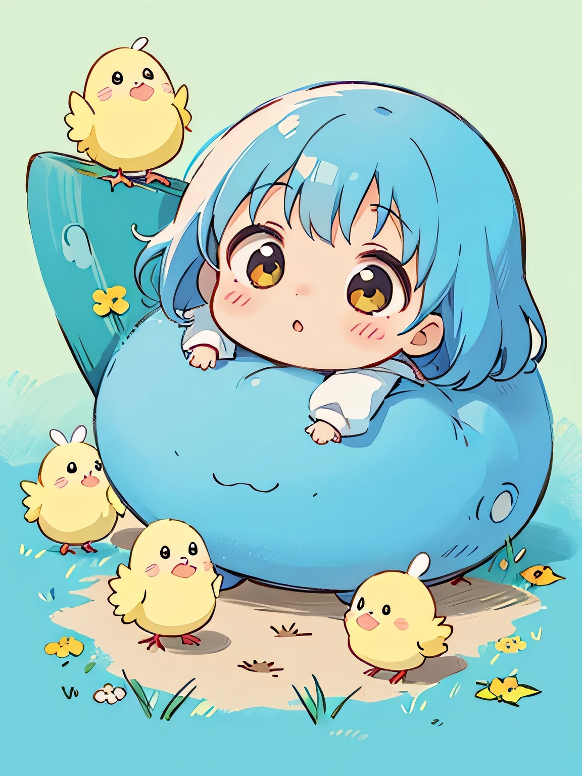 hayao miyazaki style, Kawaii Design, The most beautiful girl of all time、Chibi, Cute baby chick、play together