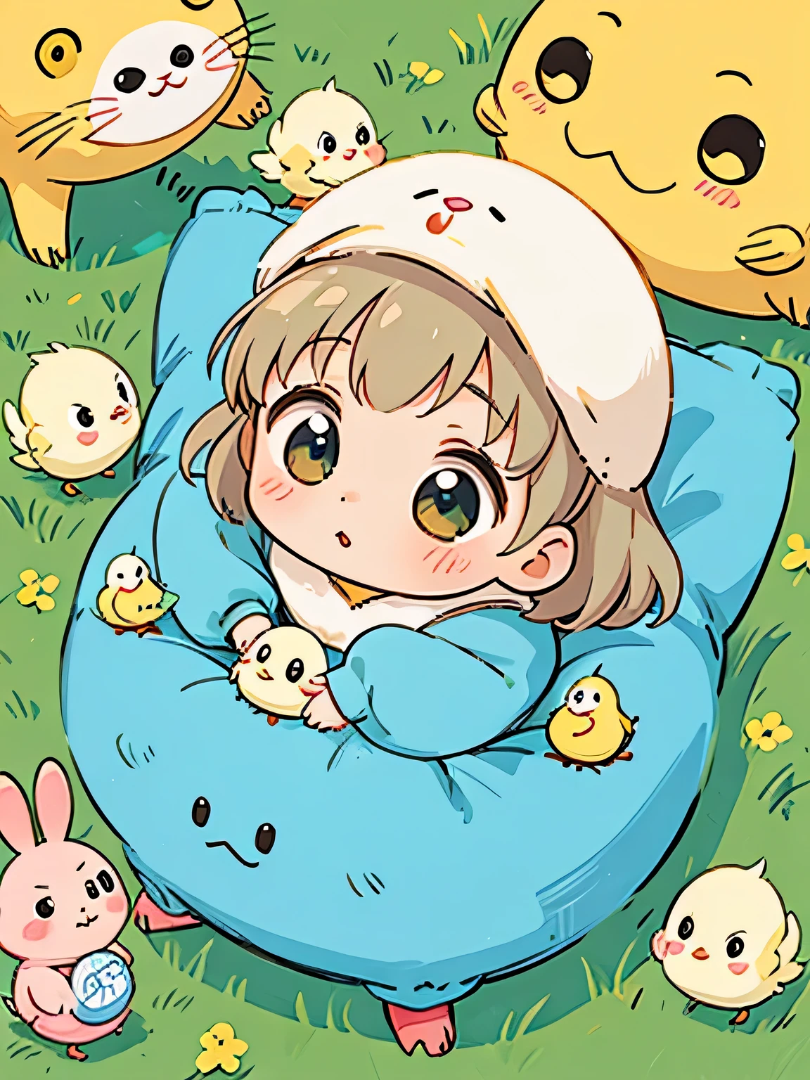 hayao miyazaki style, Kawaii Design, The most beautiful girl of all time、Chibi, Cute baby chick、play together