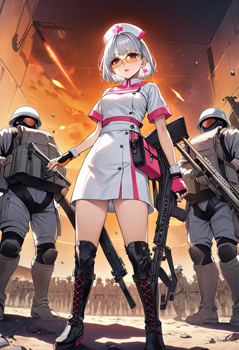 masterpiece、highest quality、Ultra-high resolution、Maximum resolution、Very detailed、Professional Lighting、anime、Adult female、thin、so beautiful、、Nurse uniform、Has a submachine gun、Red Eye、Silver Hair、Short Hair、Earrings、Fingerless Gloves、Beautiful eyes、Gloss Lip、Tactical Boots、Equipped with transparent orange shooting glasses、Equipped with a chest rig、Standing alone on the battlefield、Sanitary Corps