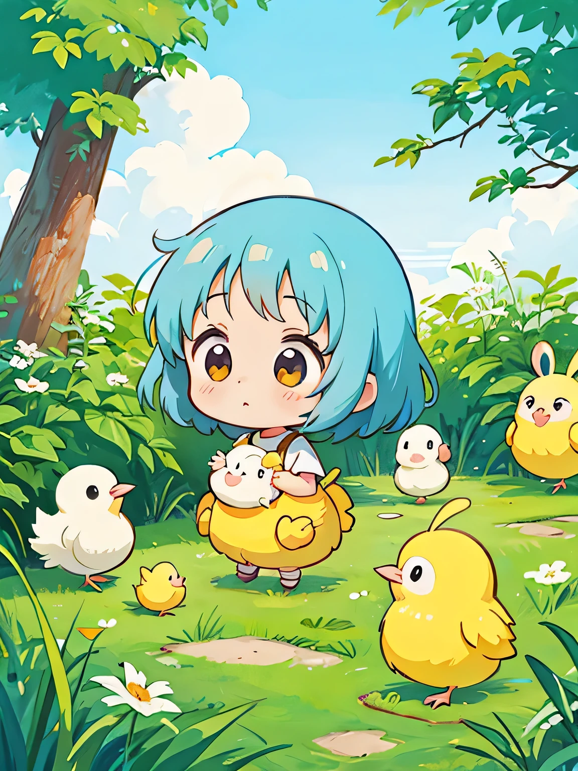 hayao miyazaki style, Kawaii Design, The most beautiful girl of all time、Chibi, Cute baby chick、play together