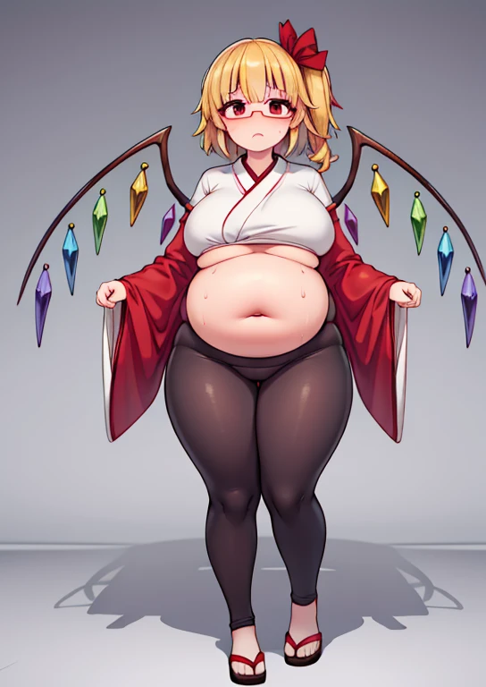 (masterpiece, best quality, highly detailed), 1girls, big belly, huge belly, art by kipteitei, round belly, chubby, curvy, belly grab, enormous belly, fat belly, thicc, bigger belly, really big belly, jiggly belly, glasses, japanese clothes, ((sweating)), very tight breasts, ((full body)), grown up, flandre scarlet