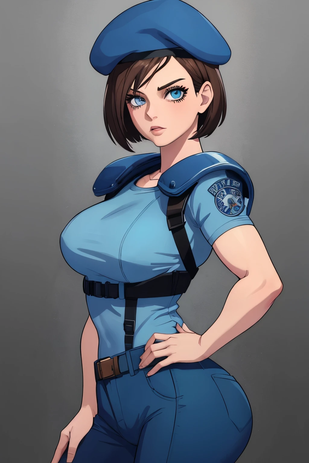 Jill Valentine, masterpiece, best quality, 1girl, solo, standing, jillre1, beret, uniform, shoulder pads, short sleeves, harness, belt, pants, unmoving pattern, peitos grandes, bunda grande, ela esta mostrando a lateral, pernas abertas, bunda grande, decote, peitos grandes 