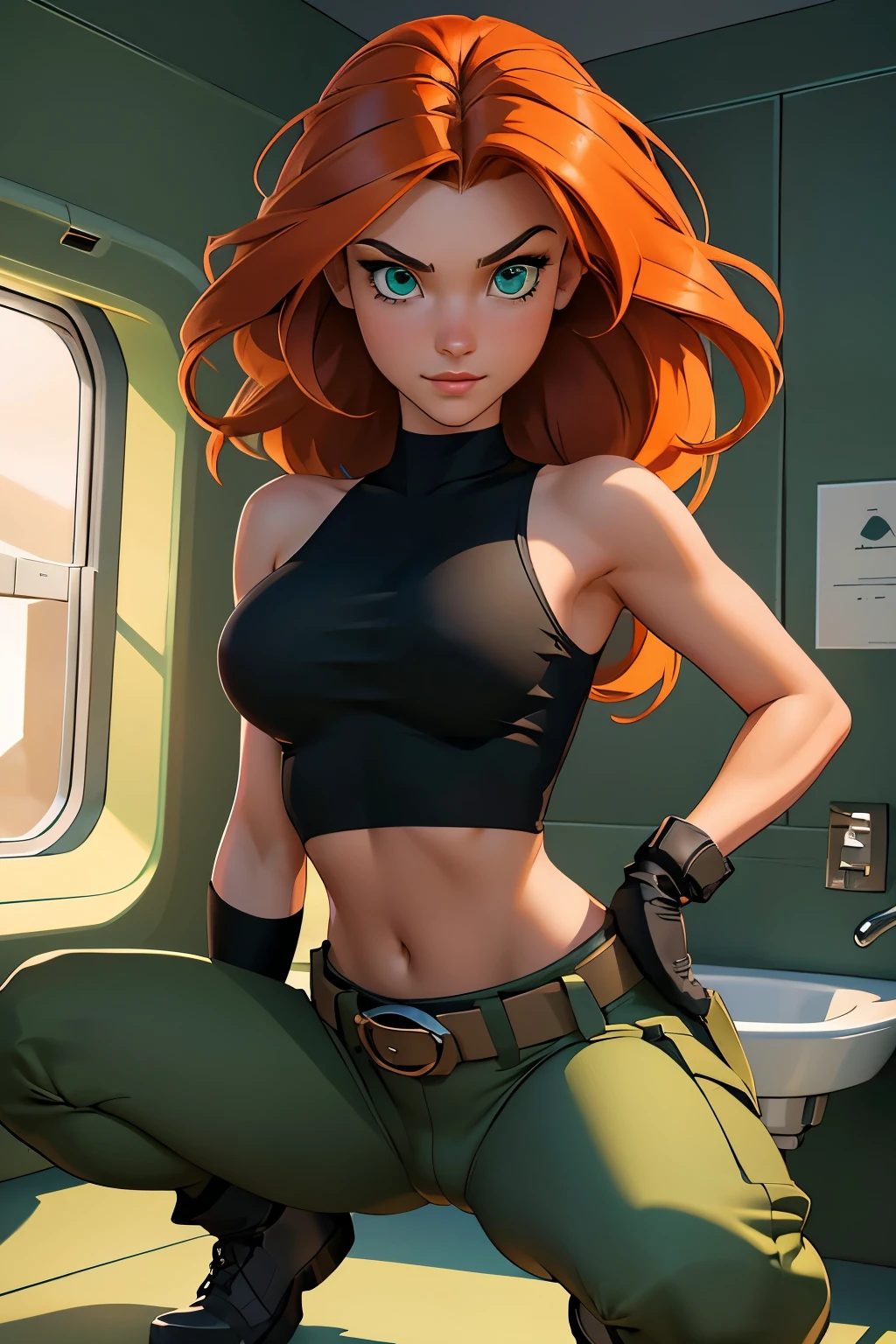 1girl, squatting pose, in an airplane lavatory, looking at the viewer, POV, Kim Possible, wearing (Orange-red hair, green eyes, confident expression, black crop top, black gloves, brown belt, green cargo pants:1.1), ((detailed)), ((best quality)), ((masterpiece)), extremely detailed CG unity 8k wallpaper, 32k, focus sharp, photo of perfecteyes eyes, perfecteyes eyes, Masterpiece, raw, beautiful art, professional artist, 8k, very detailed face, very detailed hair, perfectly drawn body, beautiful face, very detailed eyes, smiling, rosey cheeks, intricate details in eyes, perfect fit body, beautiful body, extremely detailed, intricate details, highly detailed, sharp focus, detailed skin, realistic skin texture, texture, detailed eyes, high resolution, kodak vision color, foto_\(ultra\), post-processing, maximum detail, roughness, real life, ultra realistic, photorealism, photography, absurdres, RAW photo, highest quality, high detail RAW color photo, professional photo, extremely detailed UHD 8k wallpaper unit, best quality, highres, (masterpiece, top quality, high resolution:1.4), photo, cinematic, film grain, sharp, soft natural light, magic photography, super detailed, anatomically correct, perfect anatomy, cameltoe.