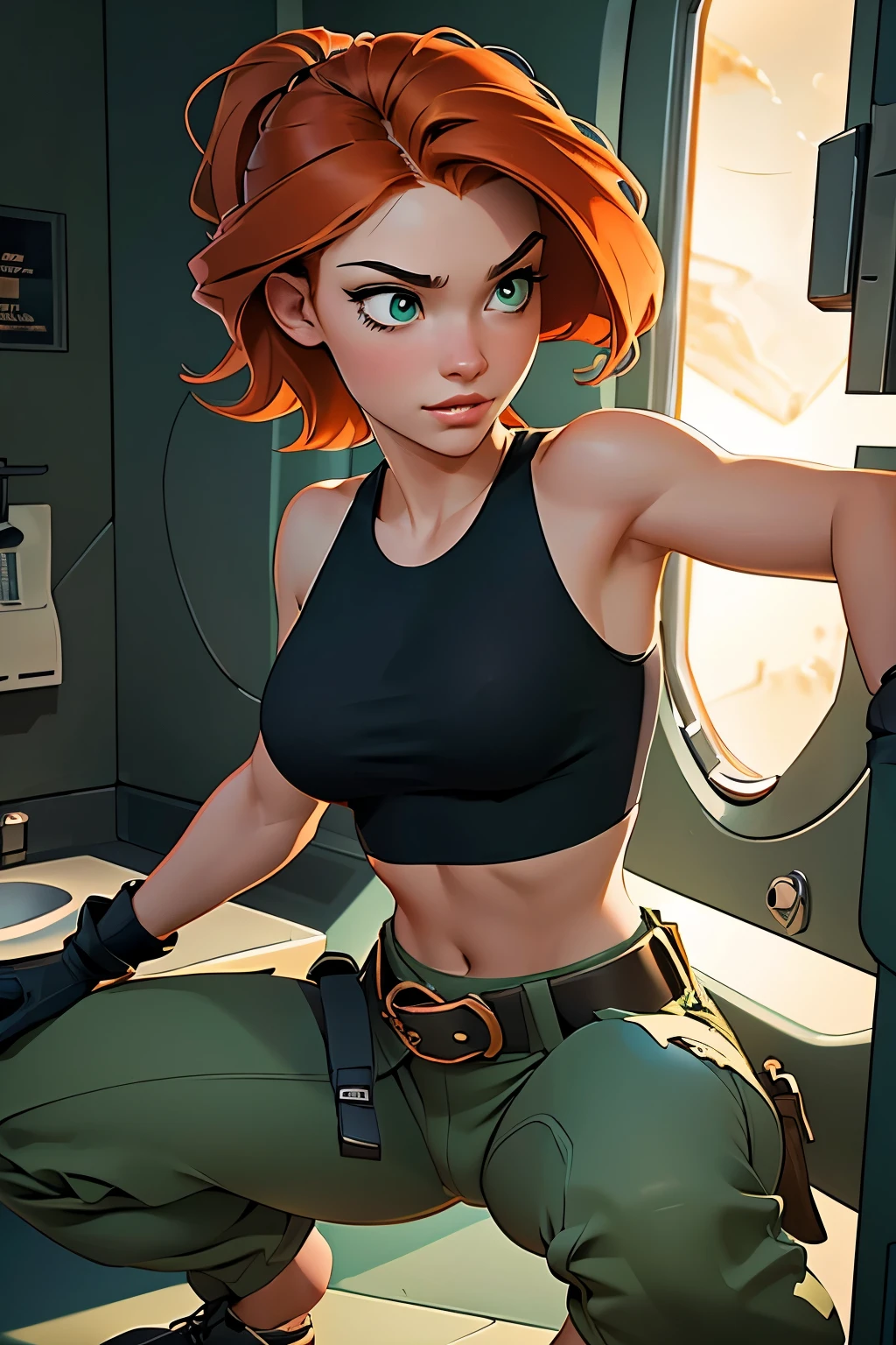 1girl, squatting pose, in an airplane lavatory, looking at the viewer, POV, Kim Possible, wearing (Orange-red hair, green eyes, confident expression, black crop top, black gloves, brown belt, green cargo pants:1.1), ((detailed)), ((best quality)), ((masterpiece)), extremely detailed CG unity 8k wallpaper, 32k, focus sharp, photo of perfecteyes eyes, perfecteyes eyes, Masterpiece, raw, beautiful art, professional artist, 8k, very detailed face, very detailed hair, perfectly drawn body, beautiful face, very detailed eyes, smiling, rosey cheeks, intricate details in eyes, perfect fit body, beautiful body, extremely detailed, intricate details, highly detailed, sharp focus, detailed skin, realistic skin texture, texture, detailed eyes, high resolution, kodak vision color, foto_\(ultra\), post-processing, maximum detail, roughness, real life, ultra realistic, photorealism, photography, absurdres, RAW photo, highest quality, high detail RAW color photo, professional photo, extremely detailed UHD 8k wallpaper unit, best quality, highres, (masterpiece, top quality, high resolution:1.4), photo, cinematic, film grain, sharp, soft natural light, magic photography, super detailed, anatomically correct, perfect anatomy, cameltoe.