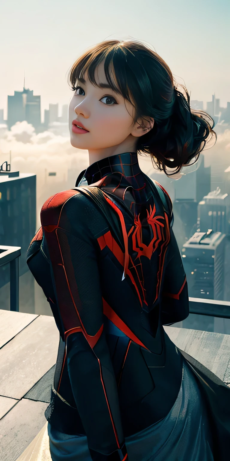 (1girl:1.3), Solo, (((Very detailed face)))), ((Very detailed eyes and face)))), Beautiful detail eyes, Body parts__, Official art, Unified 8k wallpaper, Super detailed, beautiful and beautiful, beautiful, masterpiece, best quality, original, masterpiece, super fine photo, best quality, super high resolution, realistic realism, sunlight, full body portrait, amazing beauty, dynamic pose, delicate face, vibrant eyes, (from the front), She wears Spider-Man suit, red and black color scheme, spider, very detailed city roof background, rooftop, overlooking the city, detailed face, detailed complex busy background, messy, gorgeous, milky white, highly detailed skin, realistic skin details, visible pores, clear focus, volumetric fog, 8k uhd, DSLR, high quality, film grain, fair skin, photo realism, lomography, futuristic dystopian megalopolis, translucent