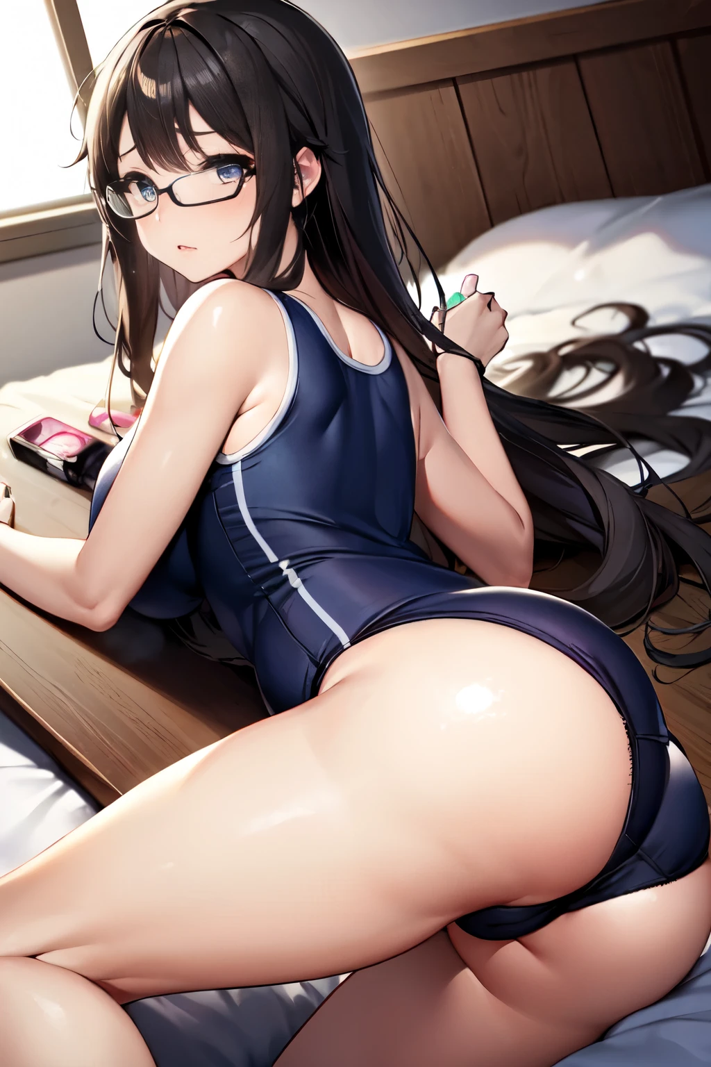 (software:1.5), (Navy blue school swimsuit)、Dark brown wavy long hair、Droopy eyes, Thick thighs, Such an ass, Liar, bed, Open crotch, Dettol, Spread your legs, Show your side, Down the Out、Tears are overflowing、Glasses、(Dynamic pose)、Untidy body、Dynamic Angles、Turning around、Big Ass、It's digging into my ass