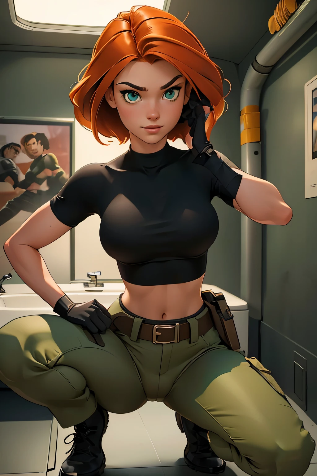 1girl, squatting pose, in an airplane lavatory, looking at the viewer, POV, Kim Possible, wearing (Orange-red hair, green eyes, confident expression, black crop top, black gloves, brown belt, green cargo pants:1.1), ((detailed)), ((best quality)), ((masterpiece)), extremely detailed CG unity 8k wallpaper, 32k, focus sharp, photo of perfecteyes eyes, perfecteyes eyes, Masterpiece, raw, beautiful art, professional artist, 8k, very detailed face, very detailed hair, perfectly drawn body, beautiful face, very detailed eyes, smiling, rosey cheeks, intricate details in eyes, perfect fit body, beautiful body, extremely detailed, intricate details, highly detailed, sharp focus, detailed skin, realistic skin texture, texture, detailed eyes, high resolution, kodak vision color, foto_\(ultra\), post-processing, maximum detail, roughness, real life, ultra realistic, photorealism, photography, absurdres, RAW photo, highest quality, high detail RAW color photo, professional photo, extremely detailed UHD 8k wallpaper unit, best quality, highres, (masterpiece, top quality, high resolution:1.4), photo, cinematic, film grain, sharp, soft natural light, magic photography, super detailed, anatomically correct, perfect anatomy, cameltoe.