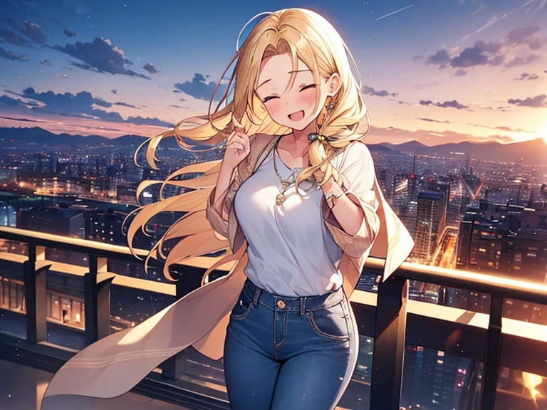 Masterpiece, Top quality, 1 beautiful girl, Blonde, slicked back hair, straight hair, fishtail braid, 20 year old, standard weight, jeans, laugh, blush, closed eyes, beautiful scene of city, blurry background, (magnificent panorama view :1.1), dynamic pose