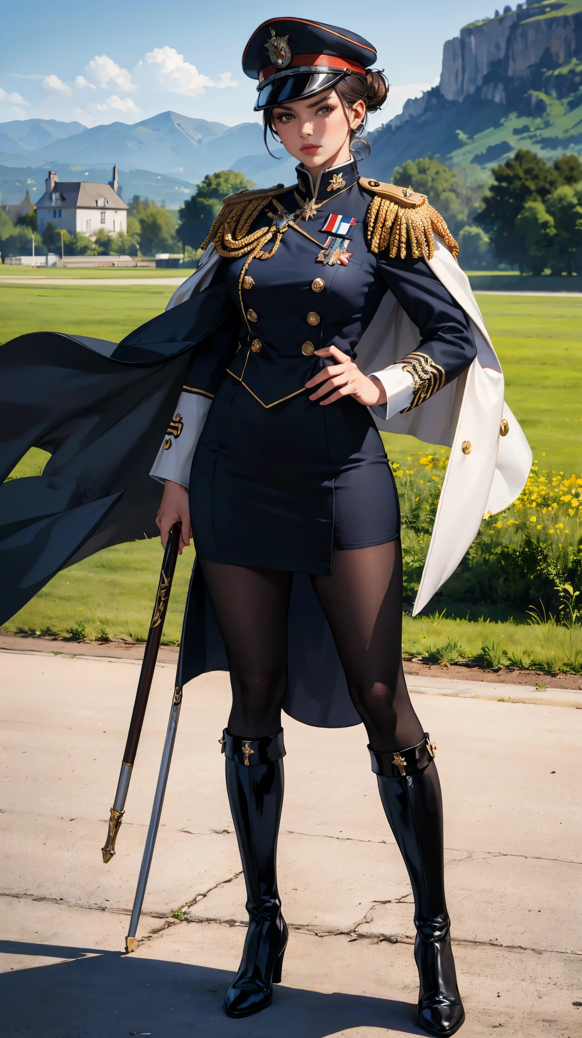 (Best quality, 4K, high resolution, masterpiece, ultra-detailed, realistic anatomy, photo-realistic:1.37), alluring mature woman, high-ranking military officer, (wearing Prussian Field Marshal uniform), (black double-breasted jacket adorned with medals), (matching pencil skirt), (matching shoulder cape), Prussian field marshal cap, black stocking, heel boots, chestnut hair, elegantly styled in a chignon bun, standing authoritatively while holding the Field Marshal's baton, This full-body portrait captures her formidable presence and power, with sharp focus on her uniform's intricate details, her numerous medals, and her intense gaze, The image evokes an aura of experience, discipline, and supreme authority, set against an impressive military headquarters backdrop,
