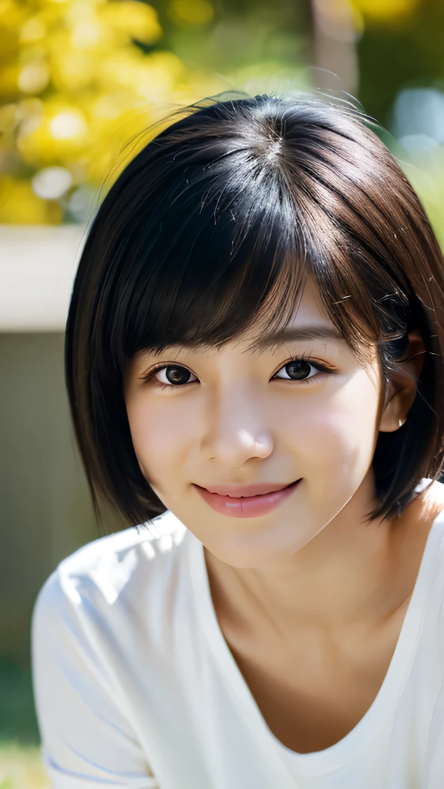 Portraiture, 8k, high quality, Realistic Photographic Images, 17 years old, Japanese women, Neat, small, Natural and realistic eyes, Beautiful black hair, short hair, light makeup, Octane Rendering, Beautiful lighting, Golden ratio composition, smile, Casual wear, Casual clothing, Natural background, Blurred Background
