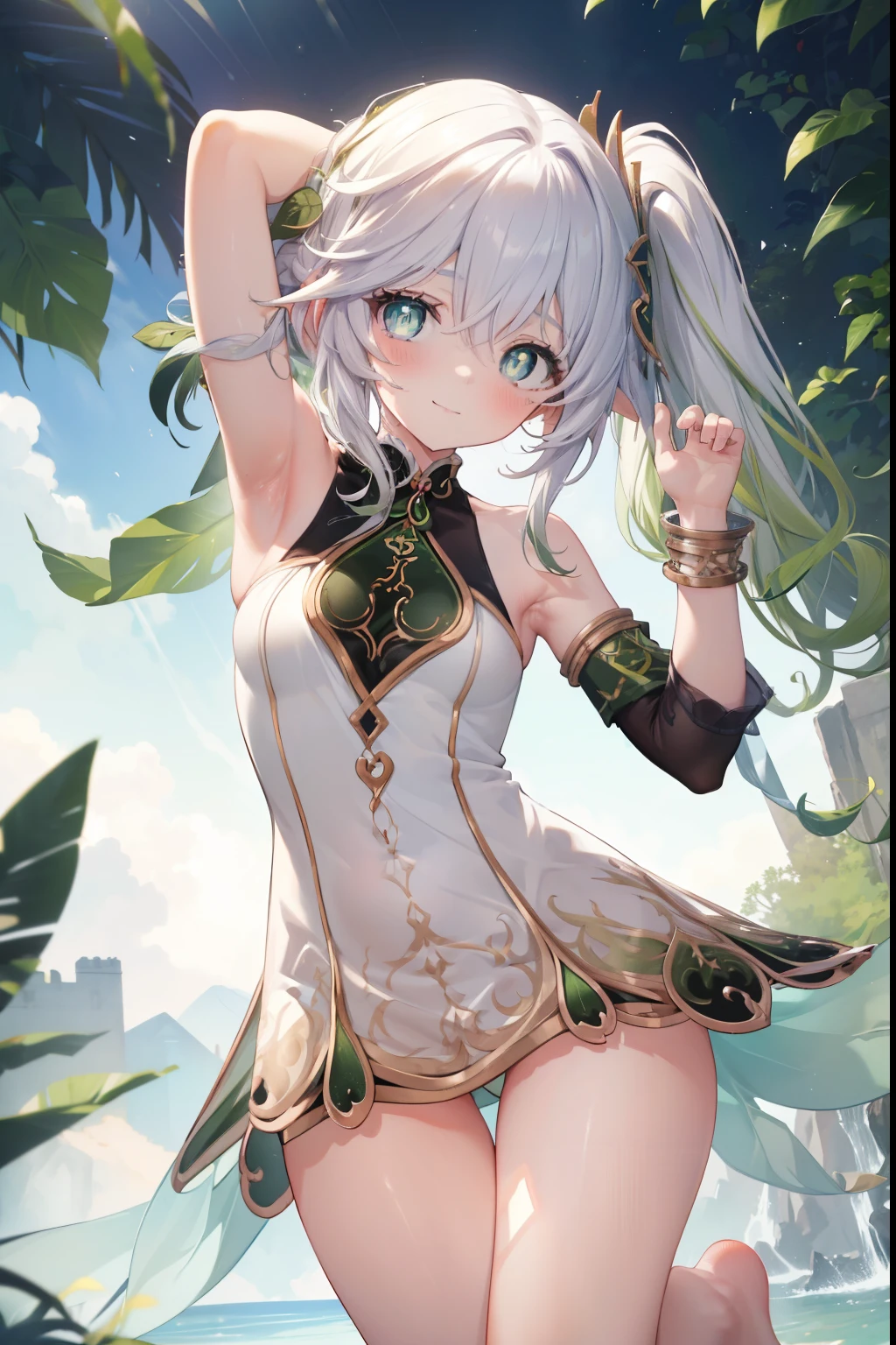 Naheedah、blush,smile、Combat Uniform、Show me your armpits、Shoulder Bare、The clavicle is visible、Sexy thighs、Beautiful feet、Usual hairstyle、highest quality, High resolution, unity 8k wallpaper, (shape:0.8), (Beautiful and beautiful eyes:1.6), Highly detailed face, Perfect lighting, Extremely detailed CG, (Perfect hands, Perfect Anatomy),