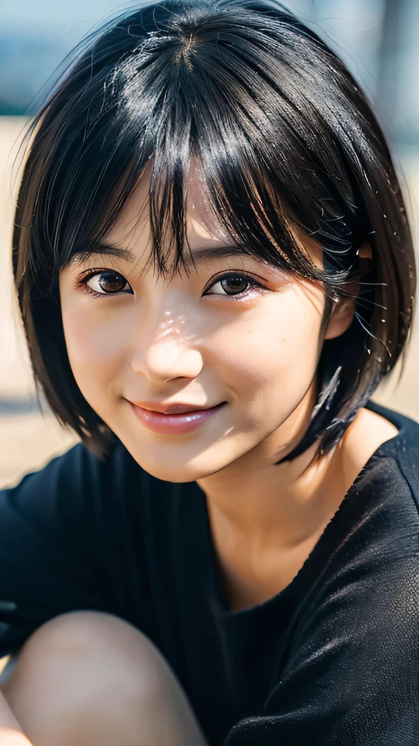 Portraiture, 8k, high quality, Realistic Photographic Images, 17 years old, Japanese women, Neat, small, Natural and realistic eyes, Beautiful black hair, short hair, light makeup, Octane Rendering, Beautiful lighting, Golden ratio composition, smile, Casual wear, Casual clothing, Natural background, Blurred Background