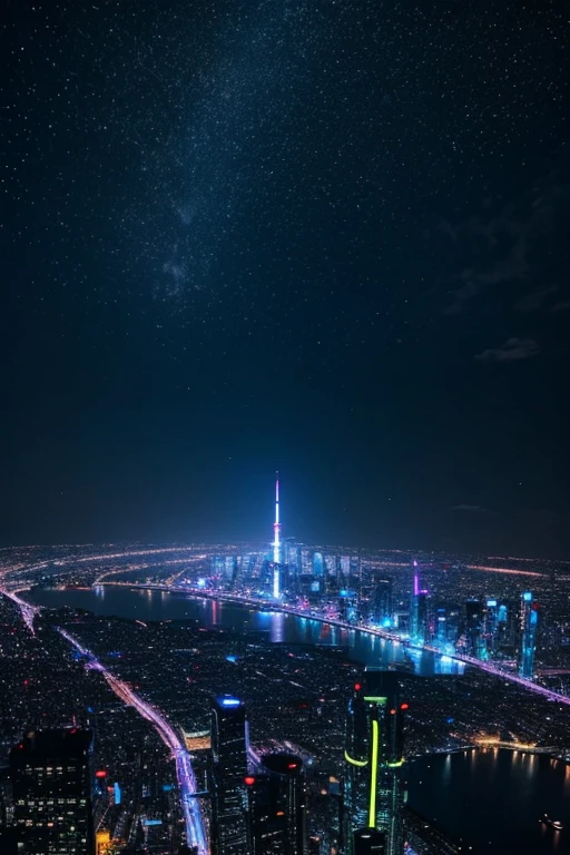 highest quality、Futuristic City、neon、Beautiful night view、colorful、Starry Sky、moon