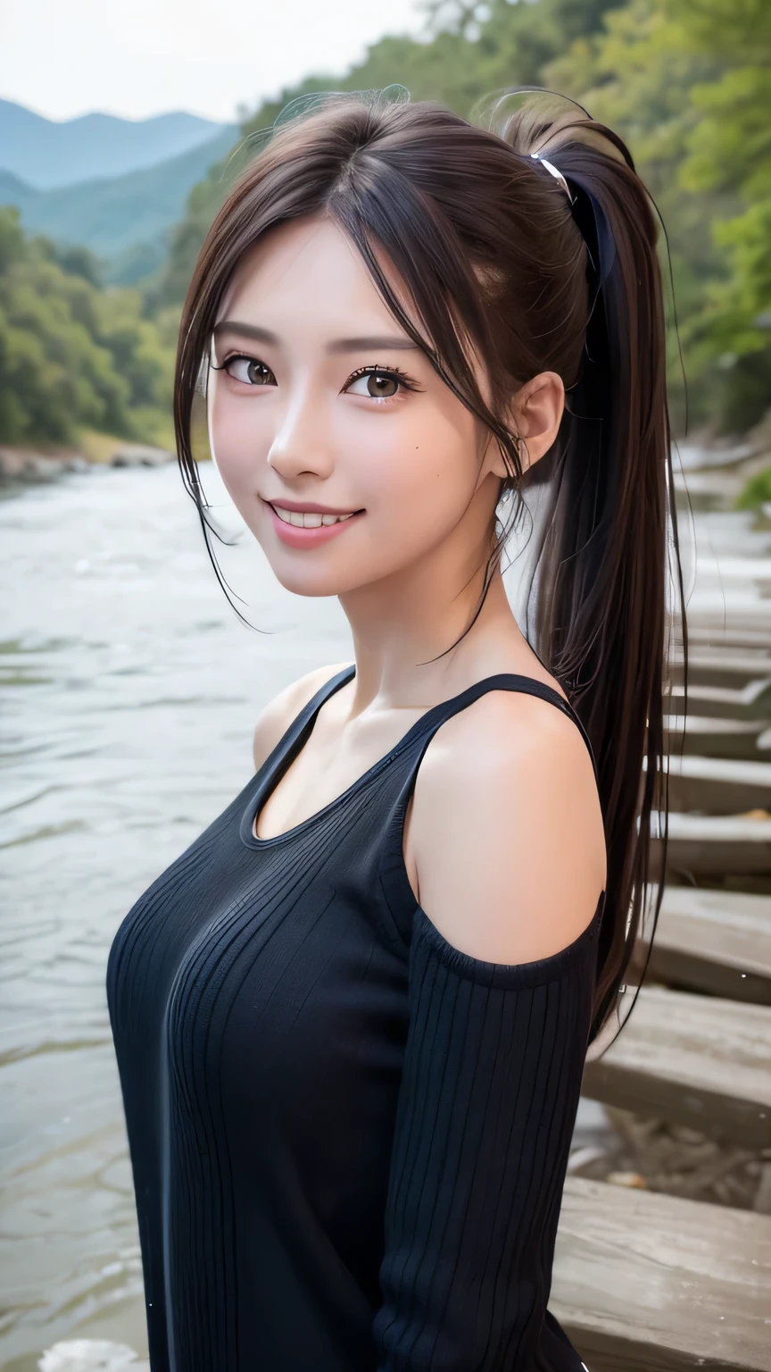 The beauty of 8K RAW photography:2.0, ponytail,, Great face and dark eyes, Looking into the camera, A joyful smile:1.6, Showing teeth, Dynamic pose, Run with passion, (Red sportswear:1.2)、 Realistic:1.9, very detailed CG synthesis 8k wallpaper, Very detailed, High-resolution RAW color photos, Professional photos, Photographed at a river deep in the mountains, Sexy portrait of a girl
