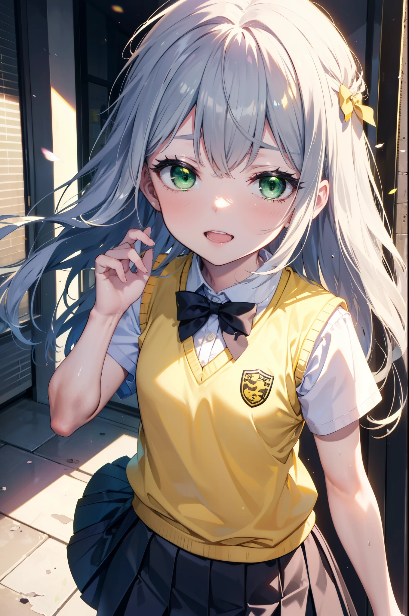 index, index, (Green Eyes:1.5), Silver Hair, Long Hair, (Flat Chest:1.2),teeth,happy smile, smile, Open your mouth,
break skirt, shirt, bow, ribbon, , white shirt, Short sleeve, Pleated skirt, collared shirt, mini skirt, bowtie, 黒いloafers , Black Skirt, Black pantyhose, loafers, green bow, Sweater vest, , (yellow Sweater vest:1.5),Daytime,sunny,whole bodyがイラストに入るように,
break looking at viewer, whole body,
break indoors, School corridor,crowd, people々々々々,
break (masterpiece:1.2), highest quality, High resolution, unity 8k wallpaper, (shape:0.8), (Beautiful details:1.6), Highly detailed face, Perfect lighting, Highly detailed CG, (Perfect hands, Perfect Anatomy),