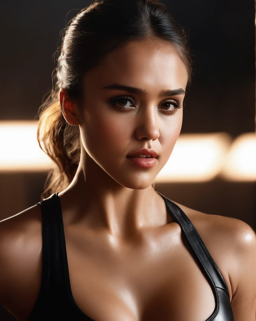 jessica_alba, portrait, solo, full body, muscular physique, shredded abs, looking at viewer, detailed background, (action movie theme), spy, espionage, secret mission, heist, covert operation, gadgets, black tank top, black leather clothes,, ((sharp face, detailed face, realistic face, naturtal skin, realistic skin, detailed skin, pores, detailed eyes,realistic eyes)),, (masterpiece, best quality, ultra-detailed, best shadow), high contrast, (best illumination), ((cinematic light)), colorful, hyper detail, dramatic light, intricate details, (1 girl, solo) , ultra detailed artistic photography, dreamy, backlit, shadows, ultra high definition, 8k, ultra sharp focus, ultra high quality model, soft lighting, film photography, analogue photography, hyperrealism,