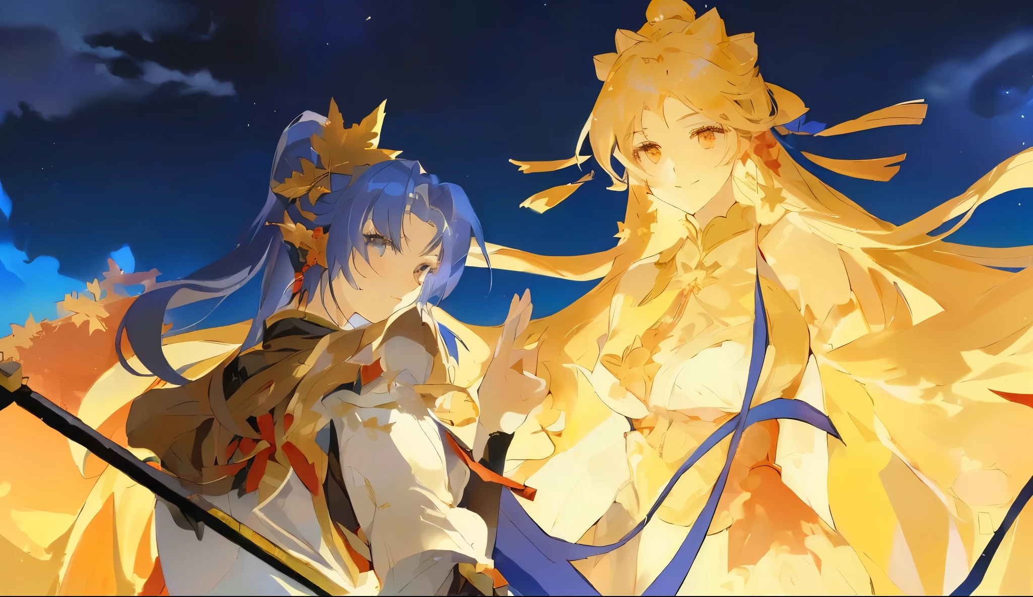 (((Two Women))),Stand face to face,A woman turns her head to look straight ahead,Maple Leaf,pixiv style,high quality,Long hair ponytail woman