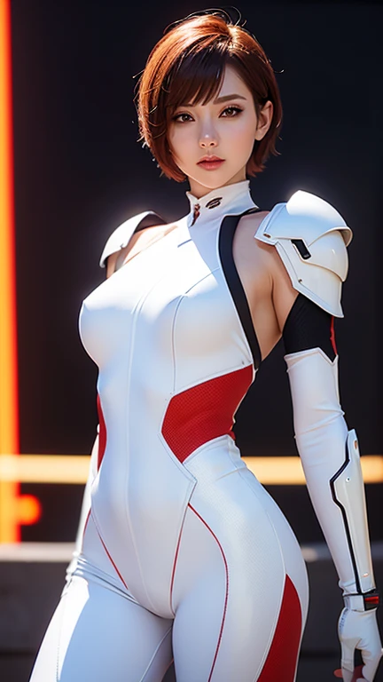 beautiful woman warrior in white shiny armor ninja jumpsuit ,red short hair , beautiful  belly breasts ,holds a cyber gun ,dynamic pose, medium long shot .,sci-fi city and light bokeh background