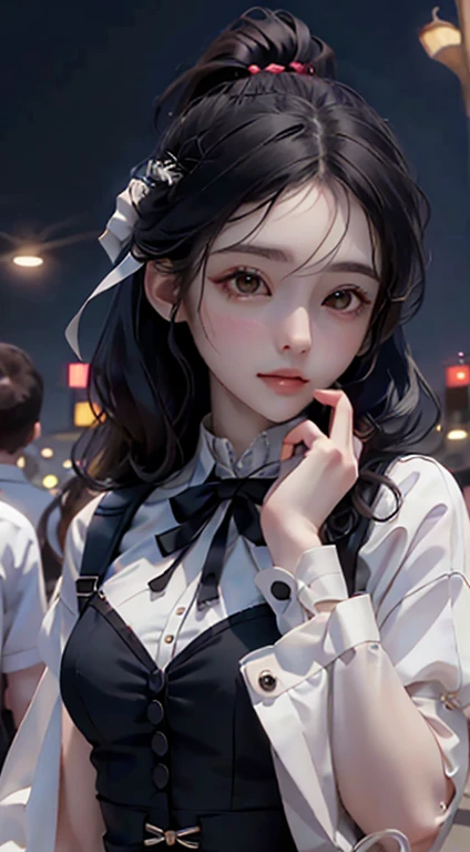 ((masterpiece, highest quality)), (One girl), (alone), (Focus on women), night (Chainsaw Man),(Highly detailed face, The real picture, Realistic white skin, Realistic body, Intricate details), Upper Body, Severe , Brown eyes, Looking at the audience, bandage over the body, Black Hair, Long sleeve shirt, Pinafore dress, Black tie, bandage, bandage, Small breasts