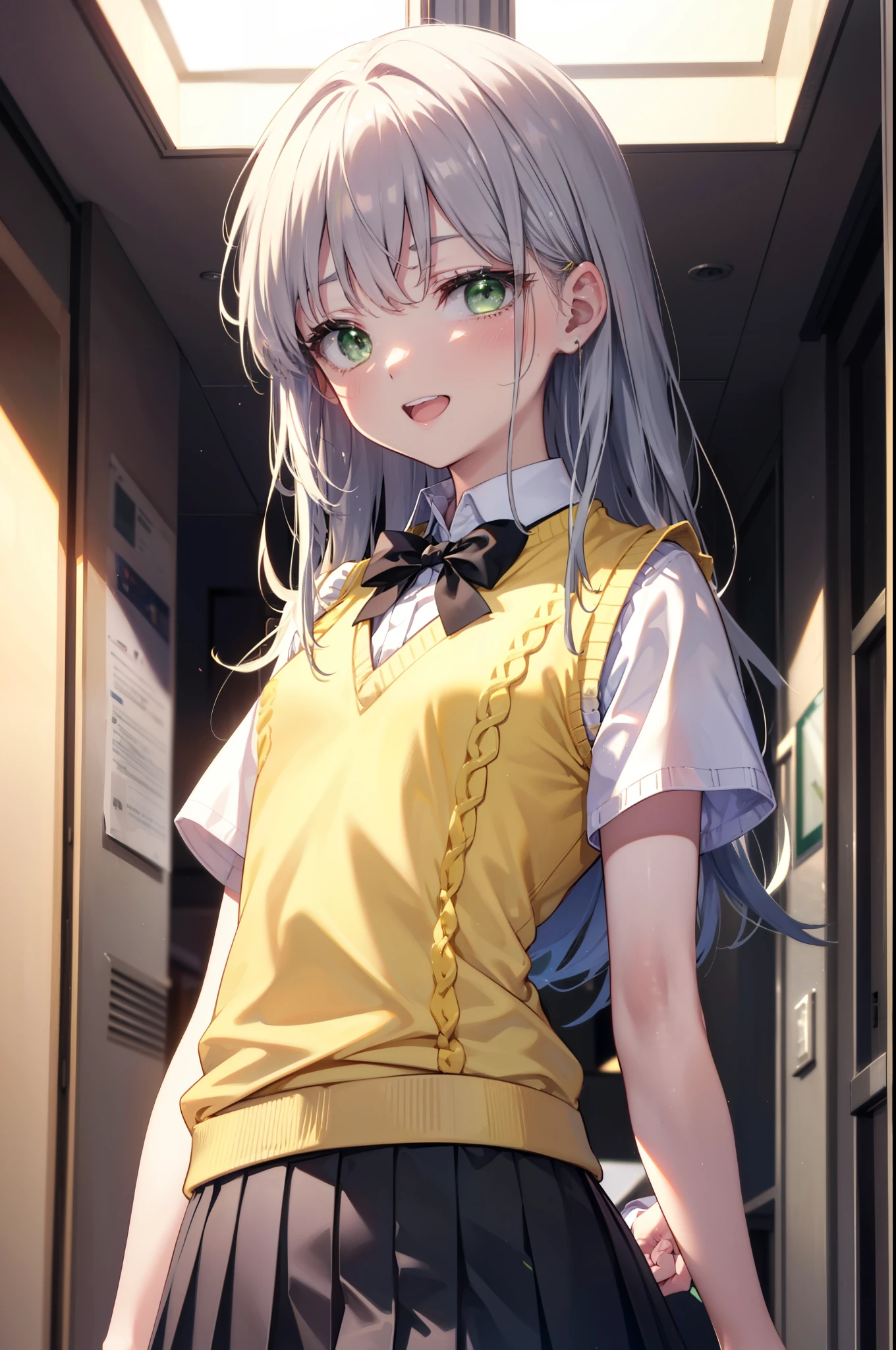 index, index, (Green Eyes:1.5), Silver Hair, Long Hair, (Flat Chest:1.2),teeth,happy smile, smile, Open your mouth, 　　　　　　
break skirt, shirt, bow, ribbon, , white shirt, Short sleeve, Pleated skirt, collared shirt, mini skirt, bowtie, 黒いloafers , Black Skirt, Black pantyhose, loafers, green bow, Sweater vest, , (yellow Sweater vest:1.5),Daytime,sunny,whole bodyがイラストに入るように,
break looking at viewer, whole body,
break indoors, School　corridor,crowd, people々々々々,
break (masterpiece:1.2), highest quality, High resolution, unity 8k wallpaper, (shape:0.8), (Beautiful details:1.6), Highly detailed face, Perfect lighting, Highly detailed CG, (Perfect hands, Perfect Anatomy),
