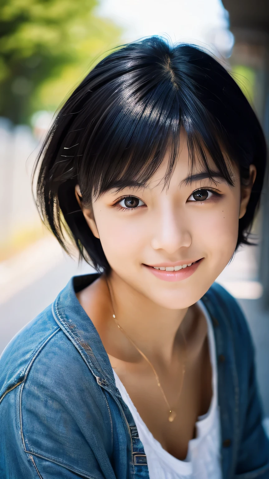 Portraiture, 8k, high quality, Realistic Photographic Images, 17 years old, Japanese women, Neat, small, Natural and realistic eyes, Beautiful black hair, short hair, light makeup, Octane Rendering, Beautiful lighting, Golden ratio composition, smile, Casual wear, Casual clothing, Natural background, Blurred Background