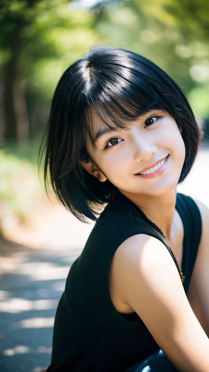 Portraiture, 8k, high quality, Realistic Photographic Images, 17 years old, Japanese women, Neat, small, Natural and realistic eyes, Beautiful black hair, short hair, light makeup, Octane Rendering, Beautiful lighting, Golden ratio composition, smile, Casual wear, Casual clothing, Natural background, Blurred Background