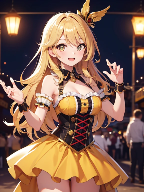 masterpiece, highest quality, Very detailed, 16k, Ultra-high resolution, Cowboy Shot, One 14-year-old girl, Detailed face, smile, Perfect Fingers, Golden Eyes, Blonde, Samba Costume, Very flashy costume, Glittery costumes, carnival