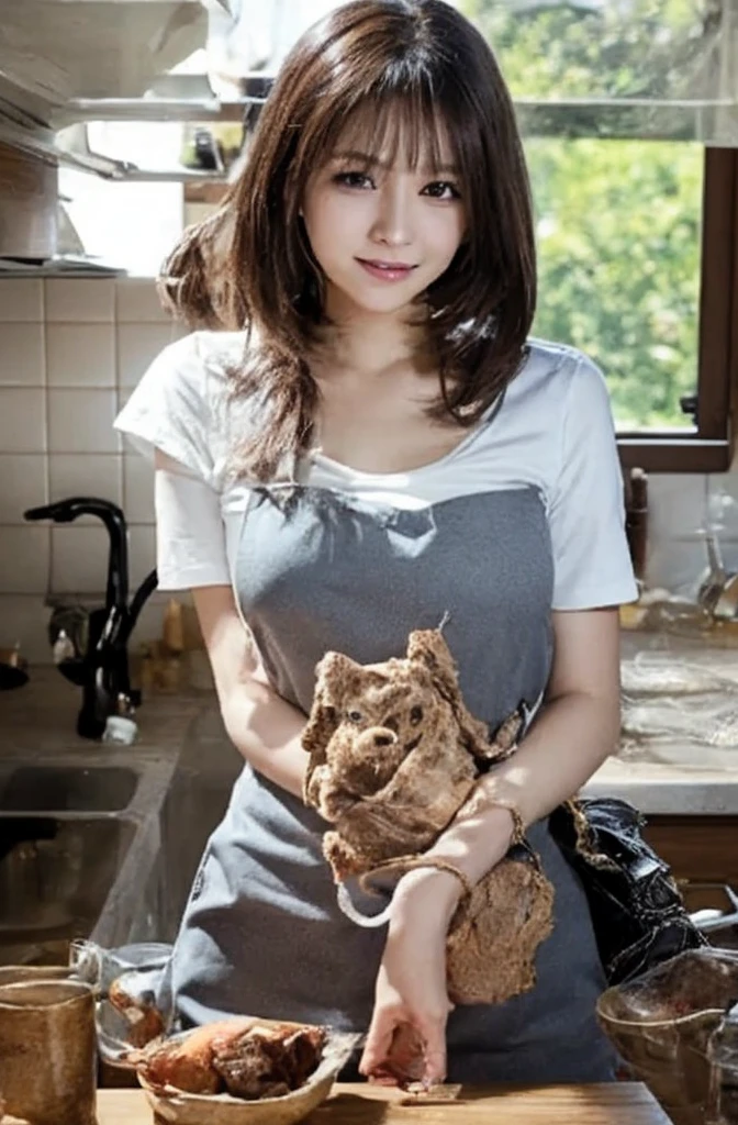 She's a good cook and looks good with her short black hair.。I'm cooking for my lover。Appealing while looking directly at the camera